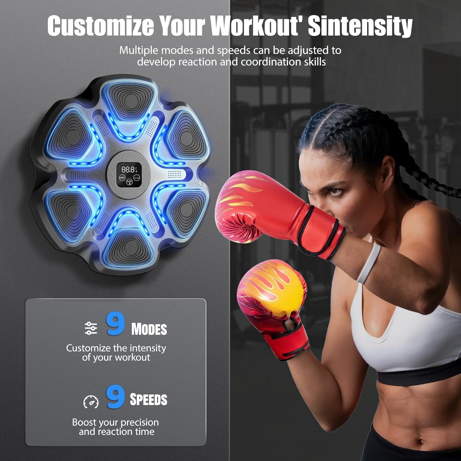 LYMIN Machine de Boxe Musicale avec Gants de Boxe, LED Boxe Mural Musique Bluetooth Music Boxeur 9 Modes de Vitesse et Comptage Intelligent, Music Boxing Machine pour Adultes et Enfants