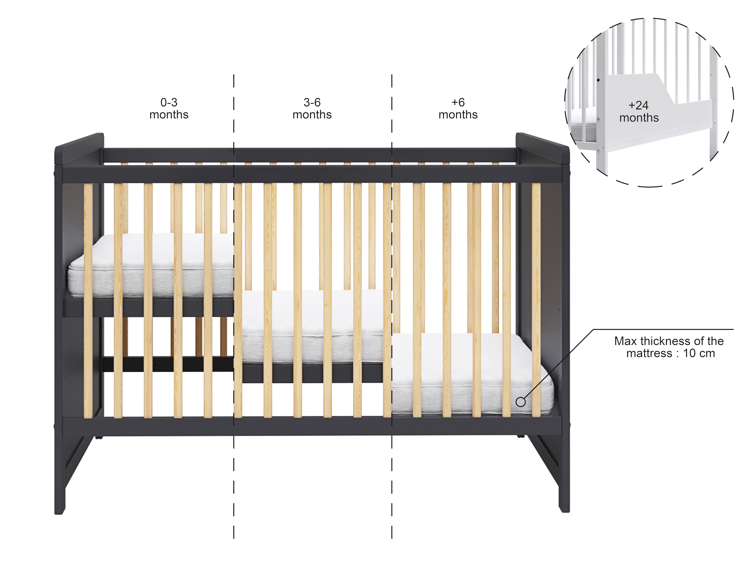 Love For Sleep Tokyo Lit Bébé Évolutif 120x60 cm en Bois de Pin Blanc – Transformable avec Barrière de Sécurité, pour Fille ou Garçon