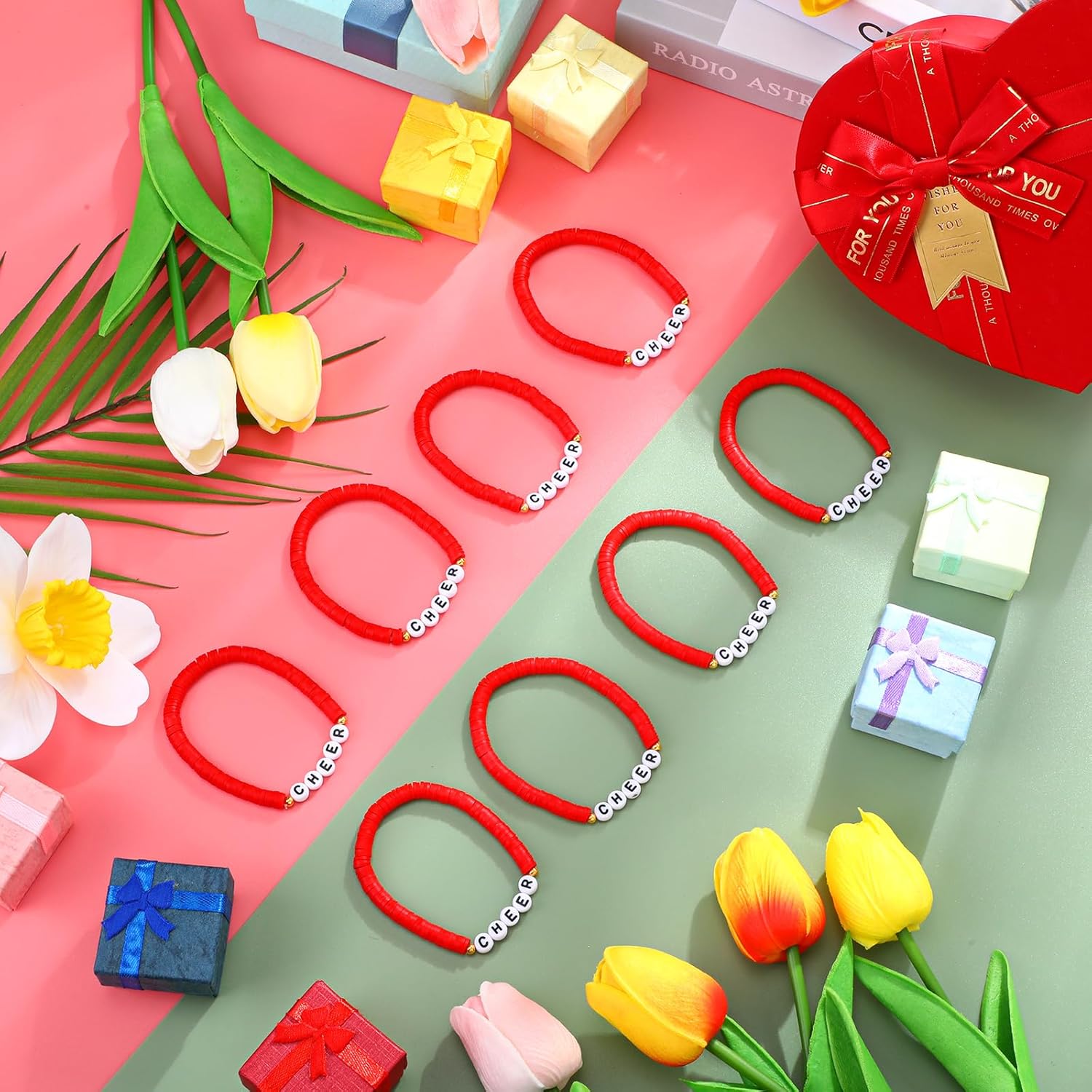 Landical 24 Pcs Cheerleader Gifts Stackable Clay Bead Cheer Bracelets Friendship Bracelets Senior Night Cheer Gifts for Girls(Red) - Image 5