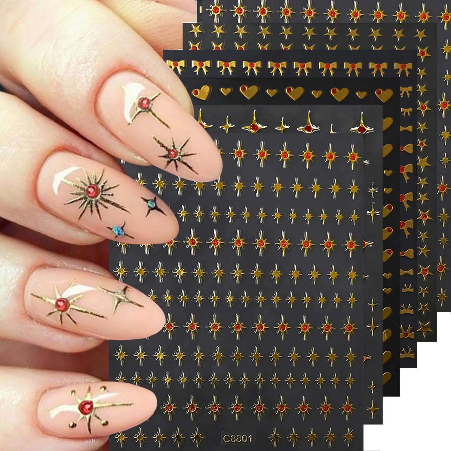 6 Sheets Star Nail Stickers 3D Self-Adhesive Gold Star Nail Art Stickers with Red Rhinestones Design Bronzing Heart Bow Nail Decals for Women Girls