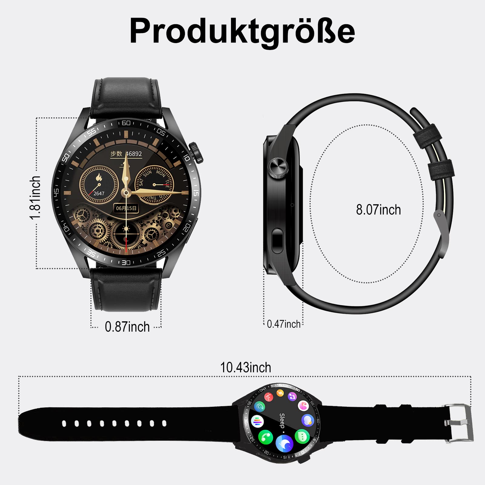 Smartwatch męski z funkcją telefonu, ekran dotykowy 1,32", zegarek sportowy, z asystentem głosowym, wodoszczelność IP67, monitor ciśnienia krwi, kontakty z systemem iOS i Android (czarny)