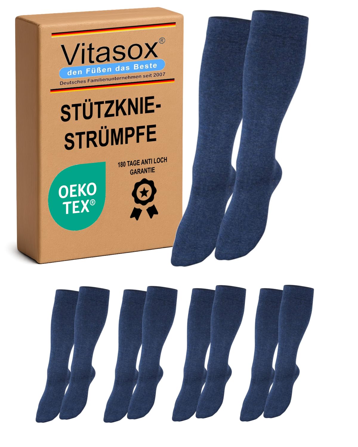 Vitasox Stützstrümpfe für Damen & Herren, 4 Paar jeans 43/46, Reisestrümpfe, Stützkniestrümpfe aus Baumwolle mit Kompression für Flug, Büro und Auto, Thrombose Socken gegen geschwollene Beine, 44457