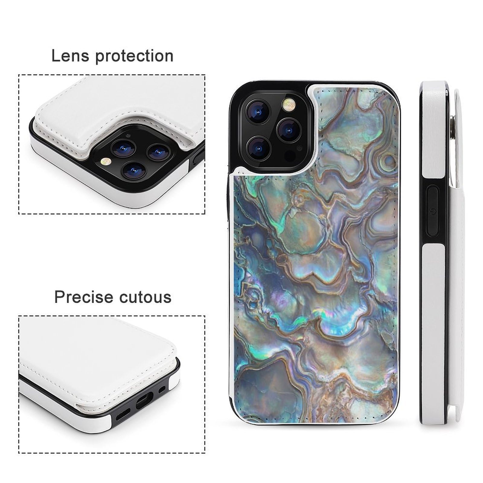 Fundas tipo cartera para iPhone 12 Pro, con estampado de abulón nácar, de piel, con ranuras para tarjetas
