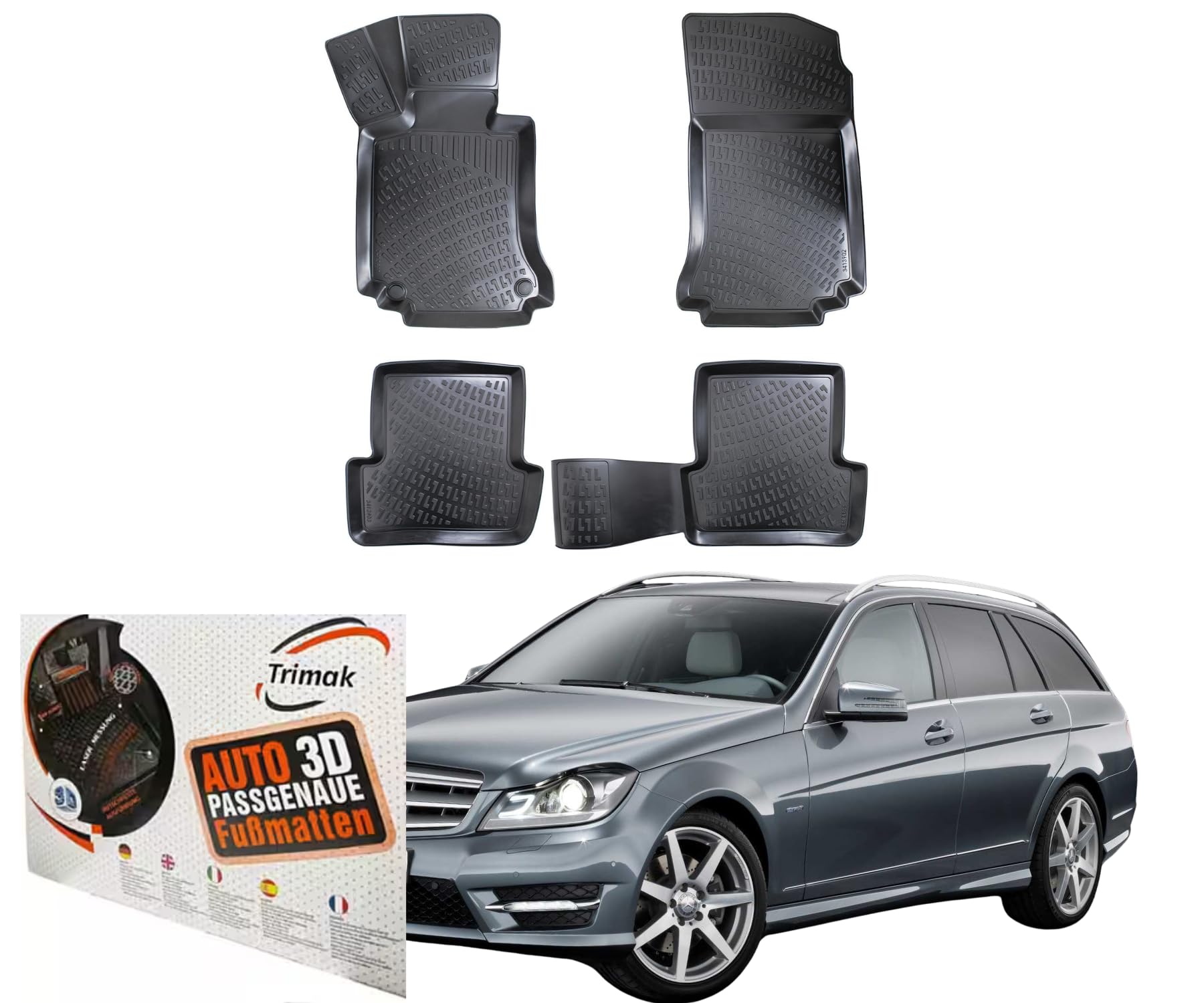 Trimak Dokładnie dopasowane dywaniki samochodowe 3D kompatybilne z Mercedes klasy C W204 2007 - 2014 akcesoria samochodowe 1. i 2. rząd dywaników gumowych samochodów TPE na każdą pogodę Bezzapachowe antypoślizgowe przód i tył czarne