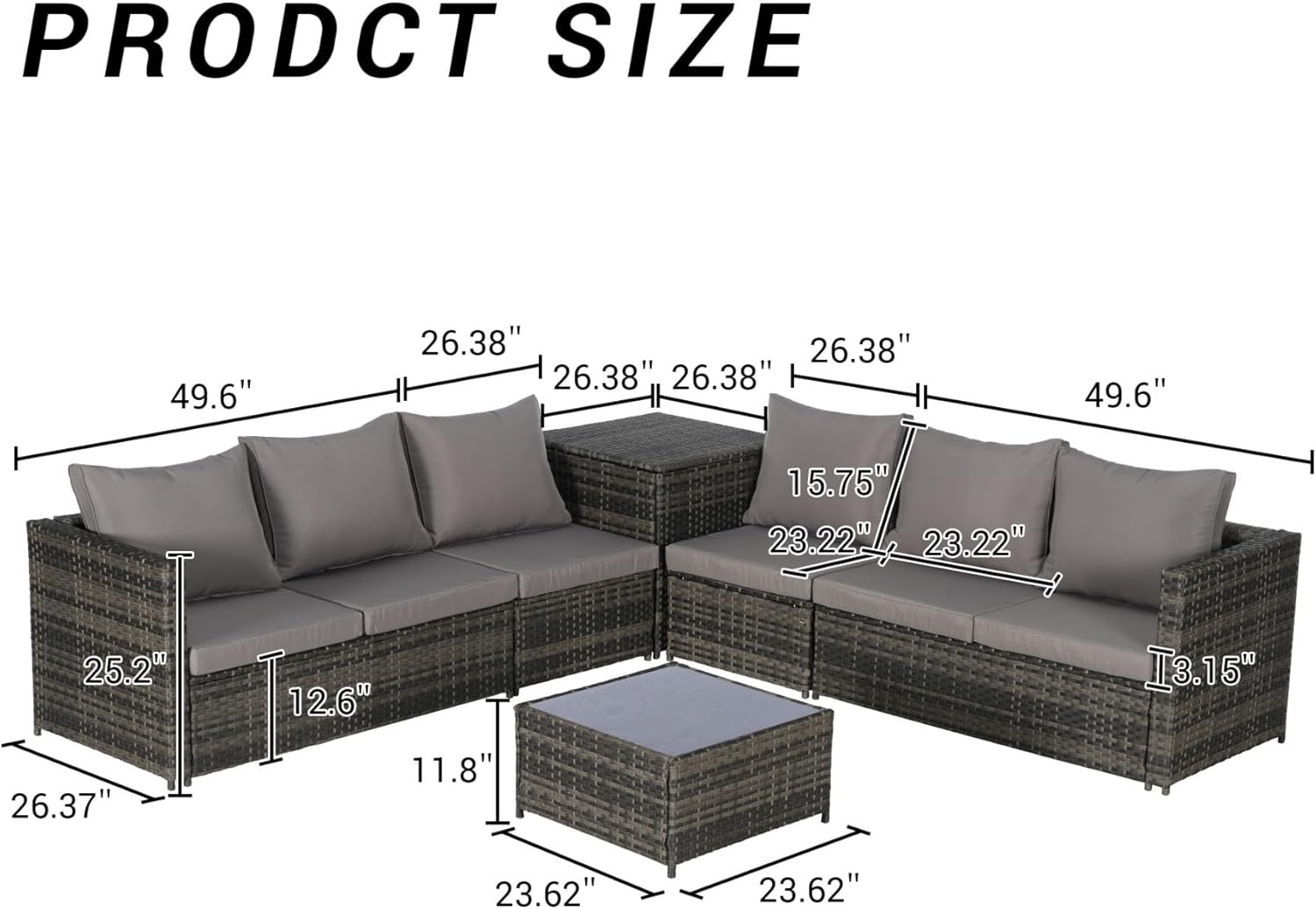 KEIKI 6Pcs Outdoor Patio Sectional Couch Sofa Conversation Furniture Sets with Chair, Storage Corner Cabinet, Glass Top Coffee Table & Cushion, Wicker Woven Seating for Backyard Lawn