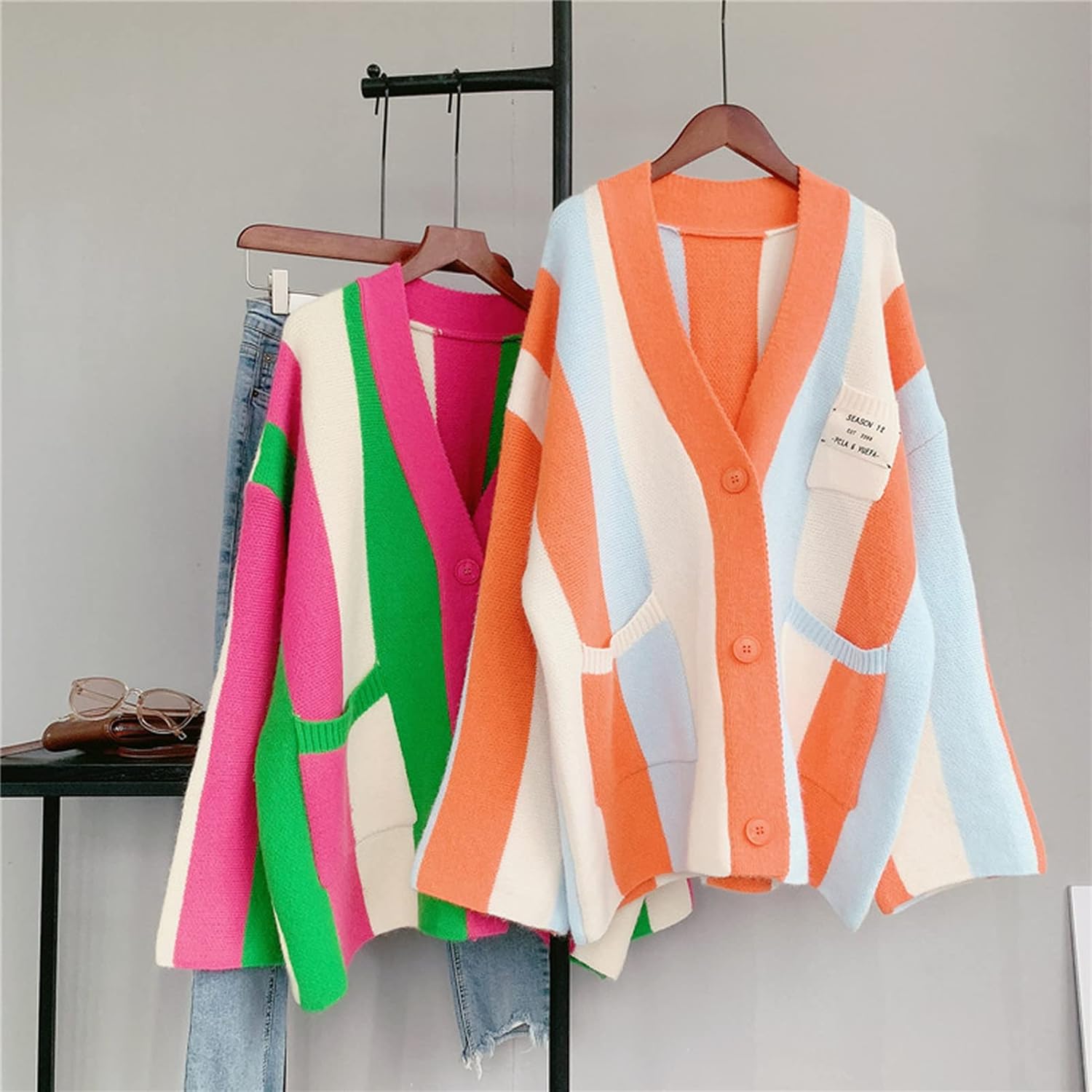 Womens Long Sleeve Cable Knitted Color Block Boho Striped Sweater Cardigans for Early Spring,Fall or Winter - Image 2