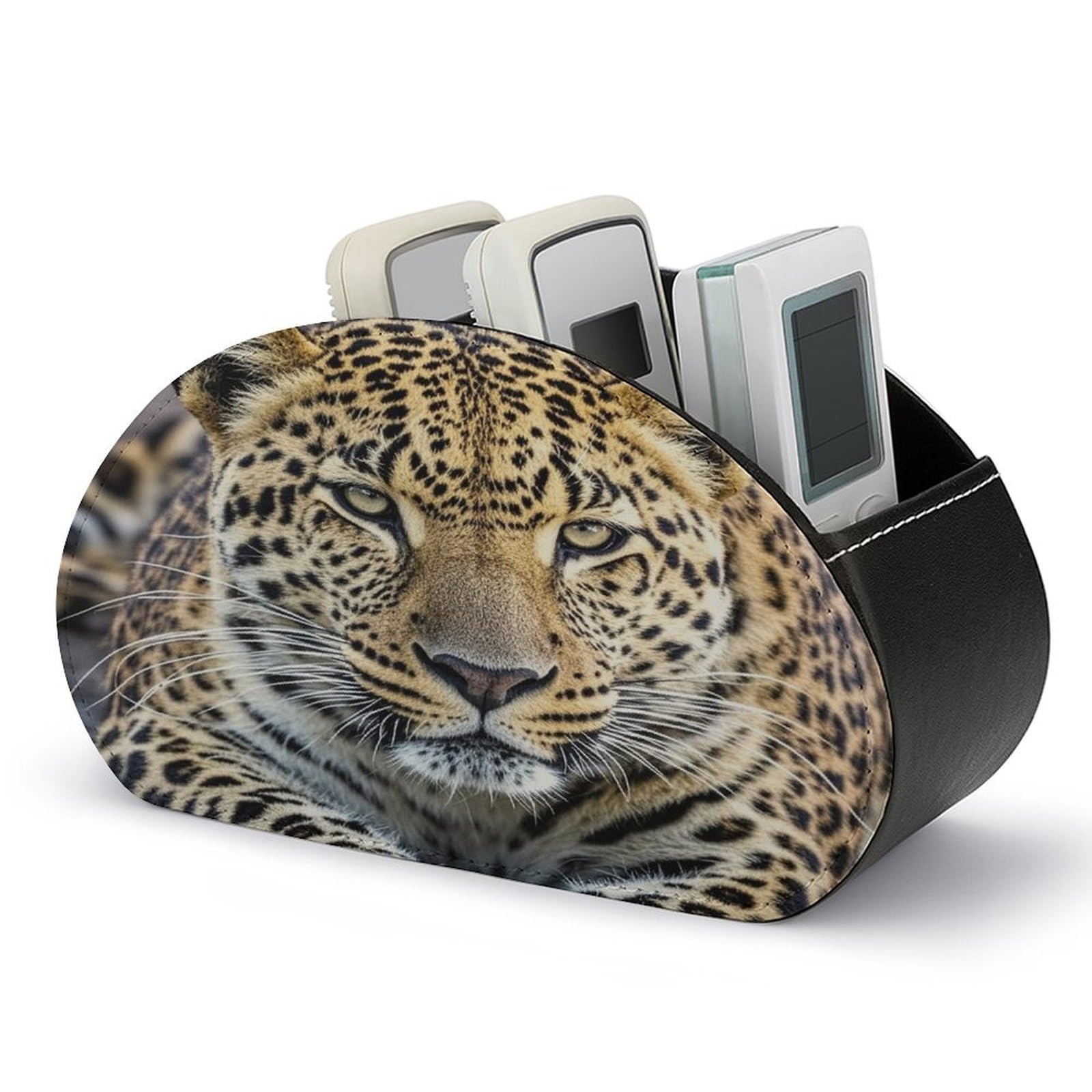FekiLoot African Animal Leopard TV Remote Control Holder with 5 Compartments Multi-functional Leather Bedside Table Remote Caddy Desktop Storage Box for Store Pen Controller Media Player Cosmetic