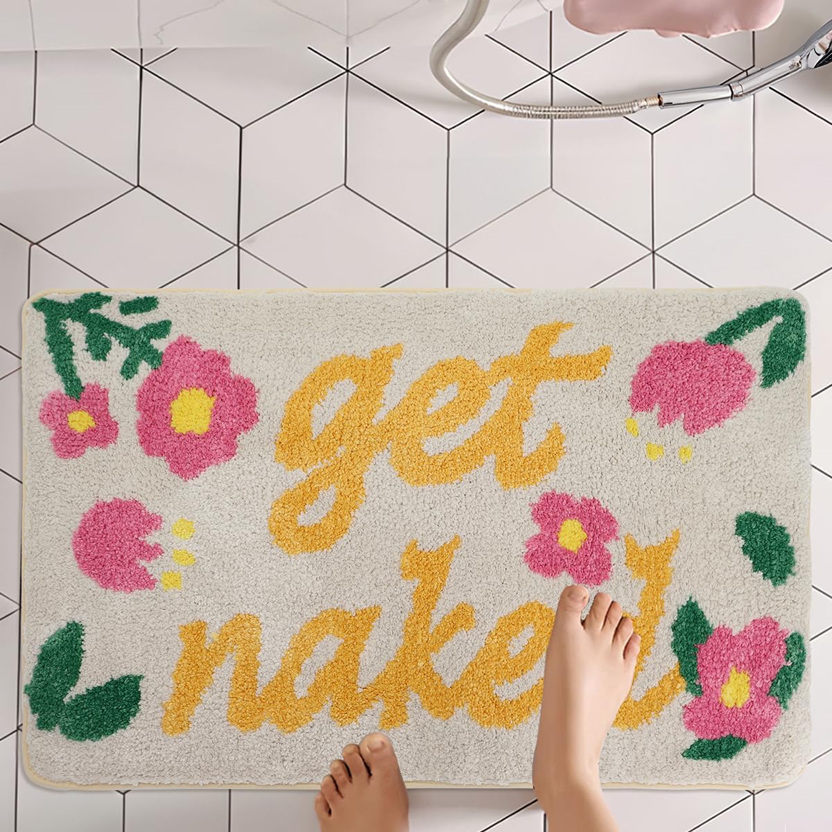 EnhoptyGet Naked Bath Mat Strawberry Flower Bathroom Rugs Fun Cute Door Mat Non Slip Microfiber Absorbent Shower Rugs for Home Tub Bedroom…