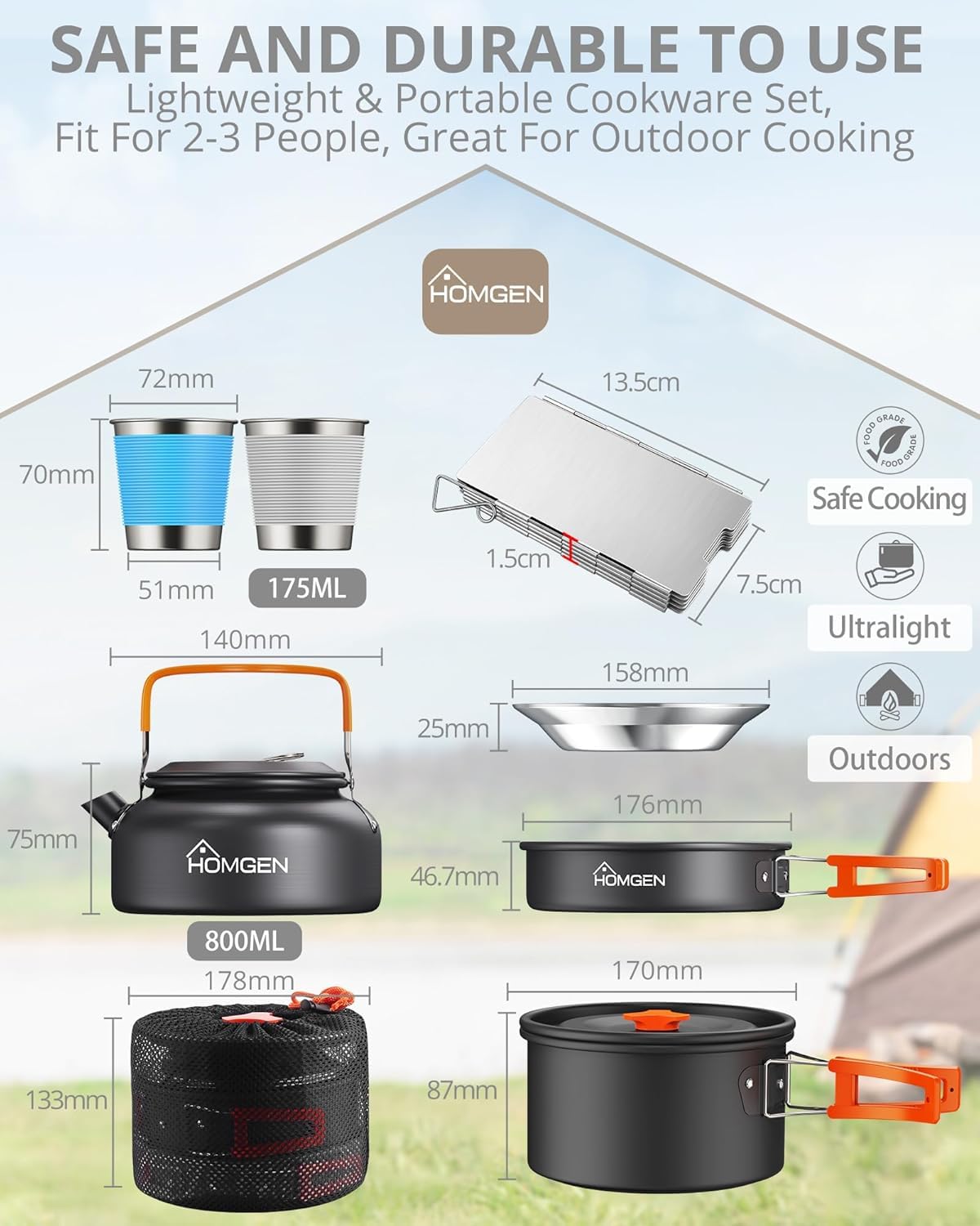 HOMGEN Set di 13 Pezzi Pentole da Campeggio con Padella Set da Cucina da Campeggio in Alluminio Kit di Pentole da Campeggi Portatile Kit di Cottura Leggero Attrezzatura da Cucina per Esterni