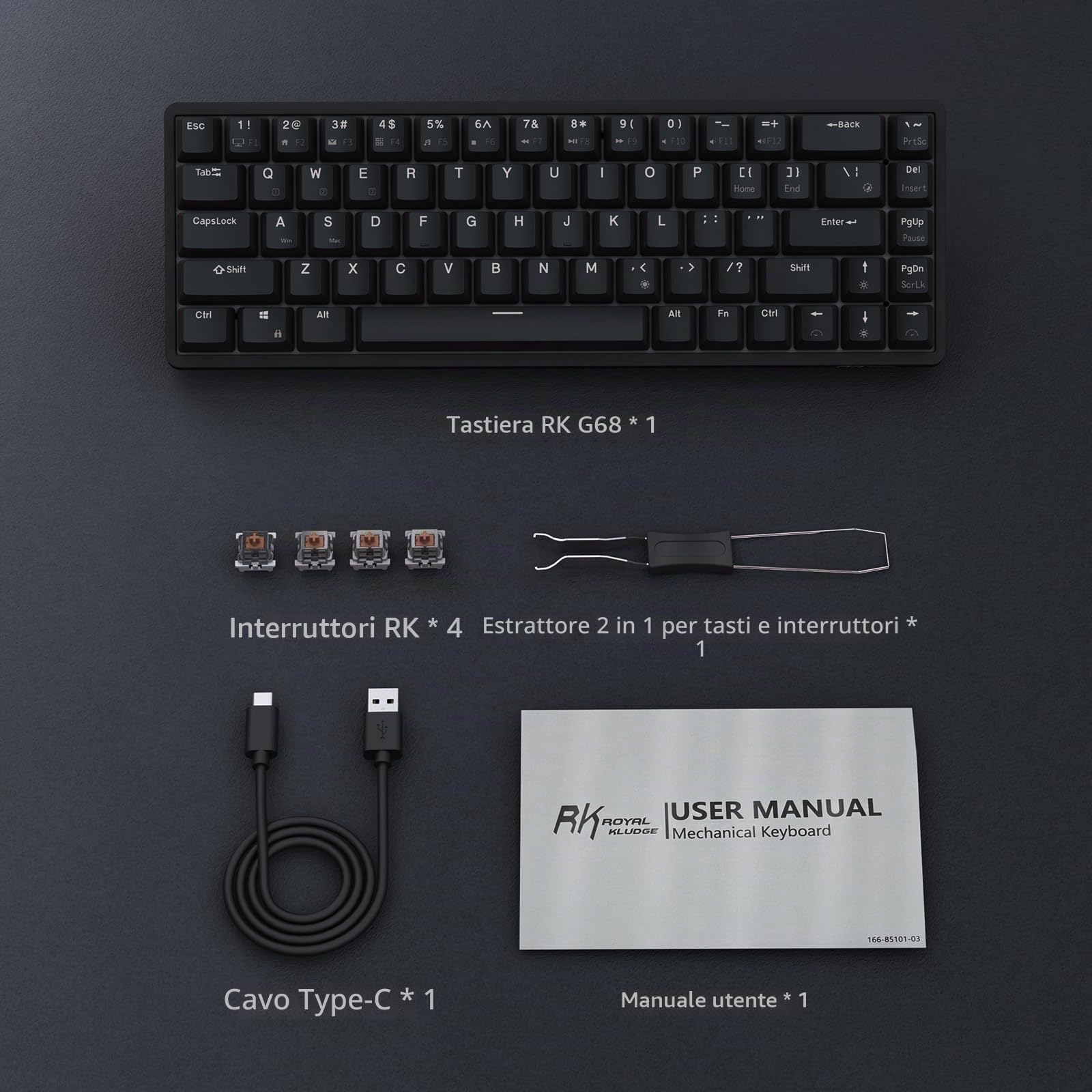 RK ROYAL KLUDGE RK G68 Tastiera Meccanica Wireless Hot Swap 2.4G/Bluetooth/Tastiera da gioco RGB Cablata 65% Layout USA Interruttore Marroni per Win/Mac, Nero