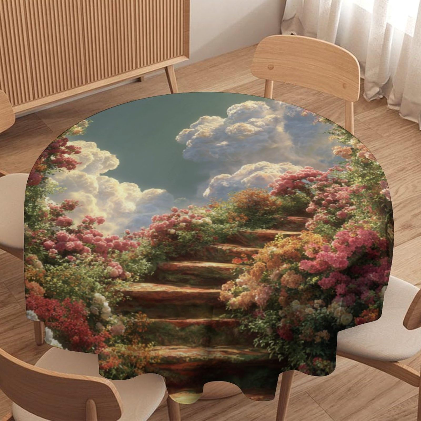 LUYYSKY Modern Classic Castle Floral Arch Round Tablecloth Realistic Watercolor Spring Garden Flower Plant Print Washable Decor for Table Cover for Kitchen-152.4" Wx152.4 L cm