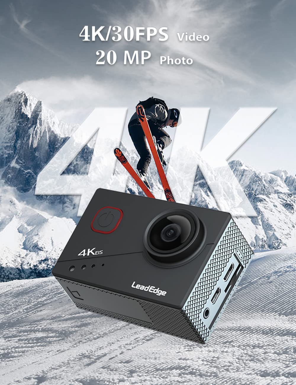 Caméra Sport 4K 30FPS WiFi Étanche 40M avec Télécommande et Kit d'Accessoires