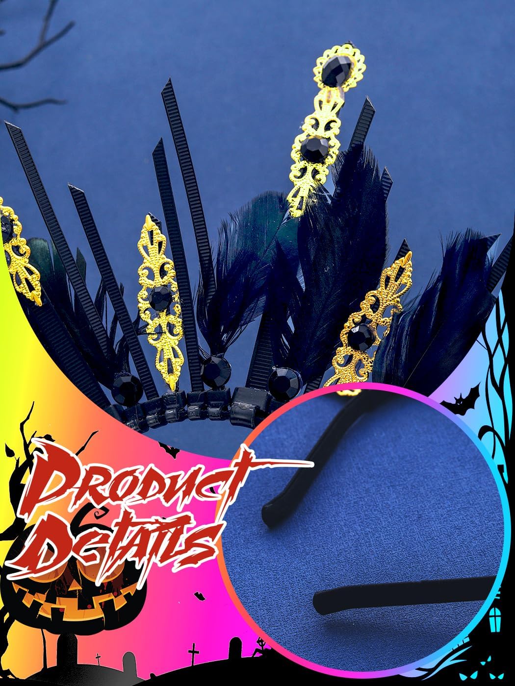 Urieo Halo Crown Headpiece Black Goddess Headband Halloween Cosplay Hair Accessories for Women - Image 6