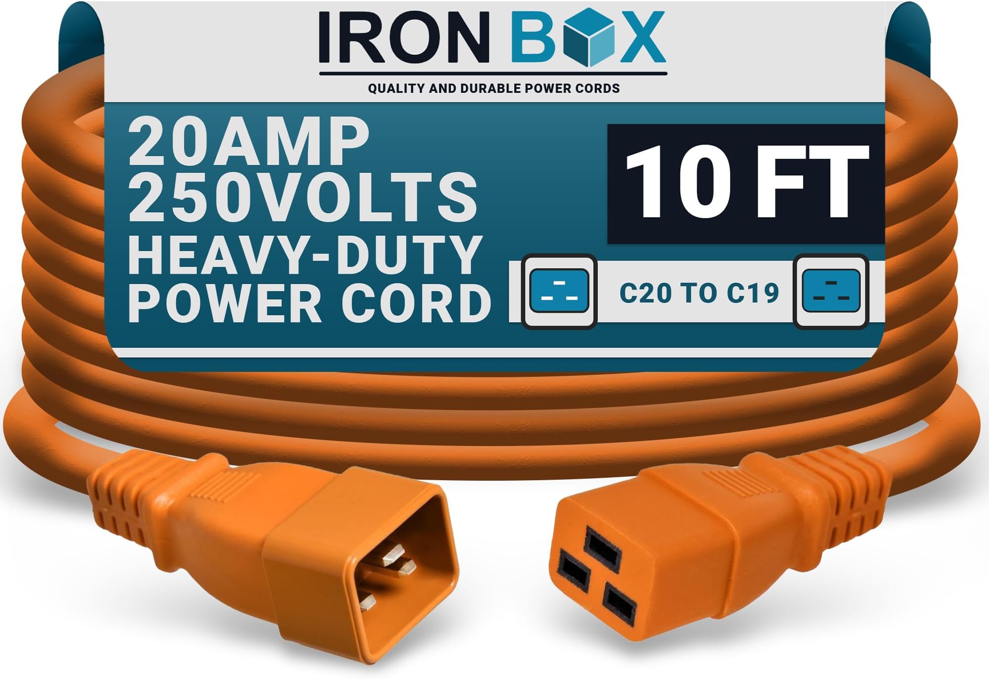 IronBox Electric - Heavy-Duty C20 to C19 Power Cord - 20A/250V Rated, 12/3 SJT IEC 60320 Equipment to PDU Cable - Male End C20 Plug/Female End C19 Connector - UL Listed Power Cable -(Orange,10 Foot)