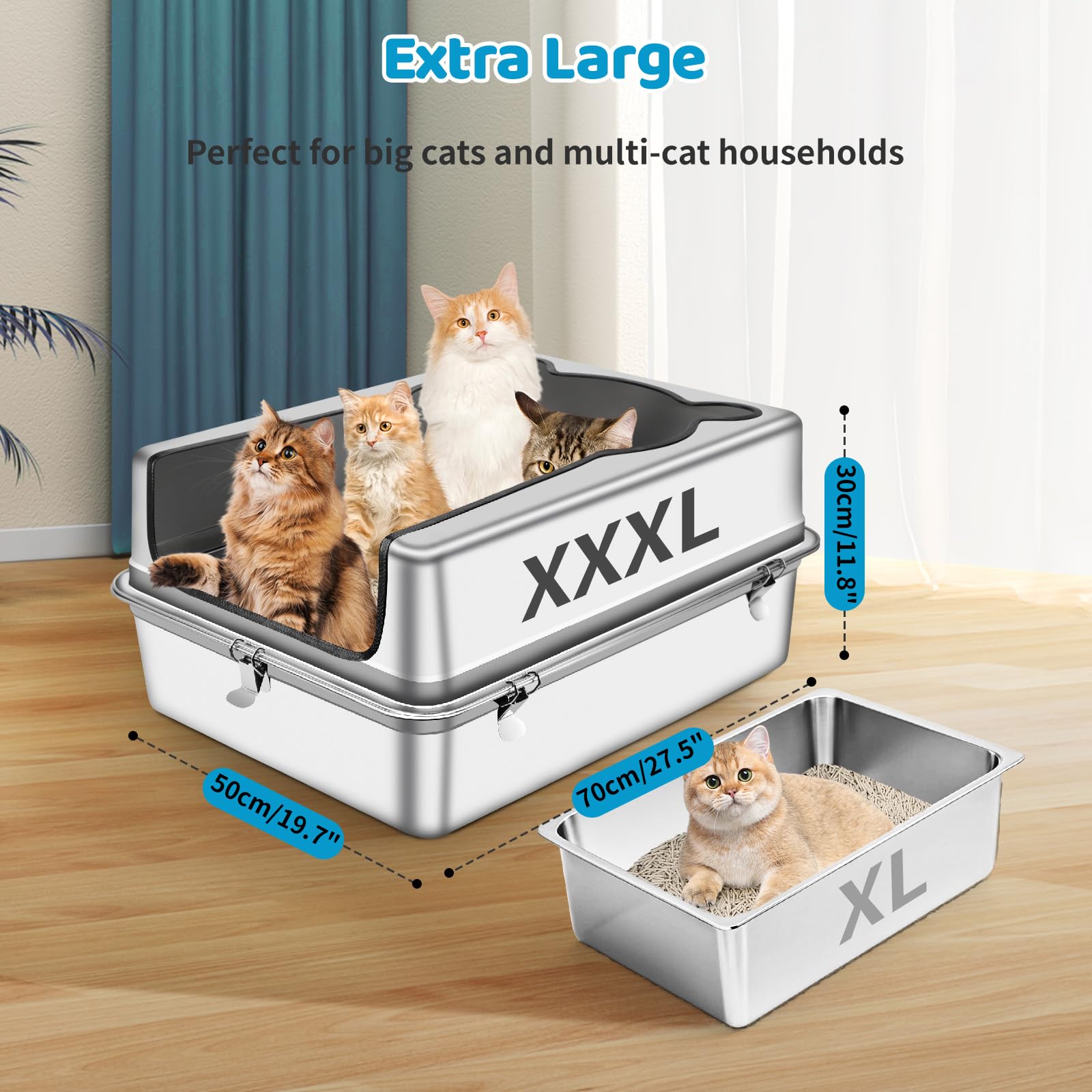 Bartuke Stainless Steel Cat Litter Box, XXXL Semi Enclosed Removable Metal Litter Tray with High Sided Enclosure, Scoop - Image 2