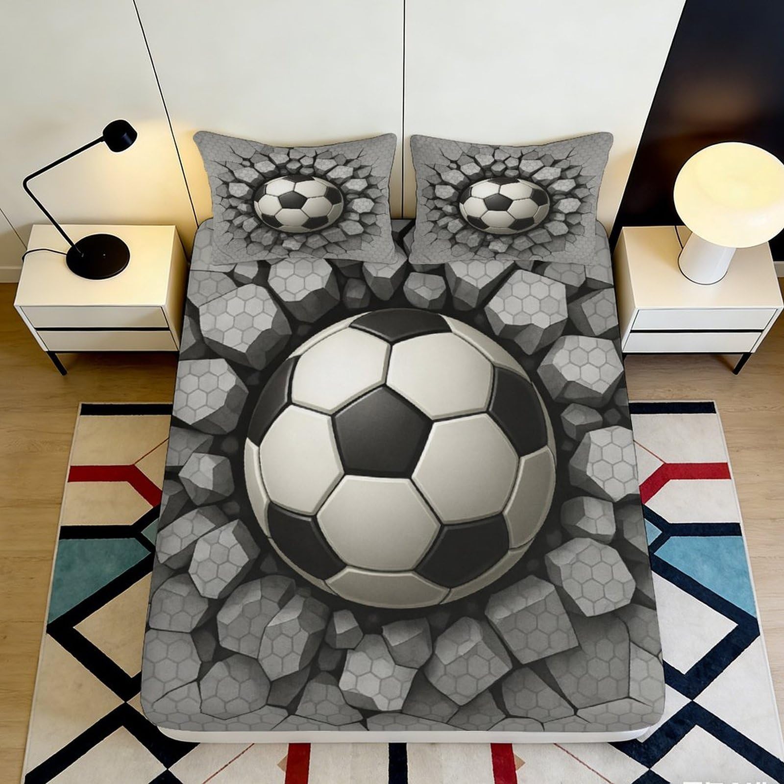 3D Printed Soccer Ball Fitted Sheet Microfiber Grey Cracked Stone Bed Cover Anti-Slip Machine Washable Bedroom Decor 140x200x25cm