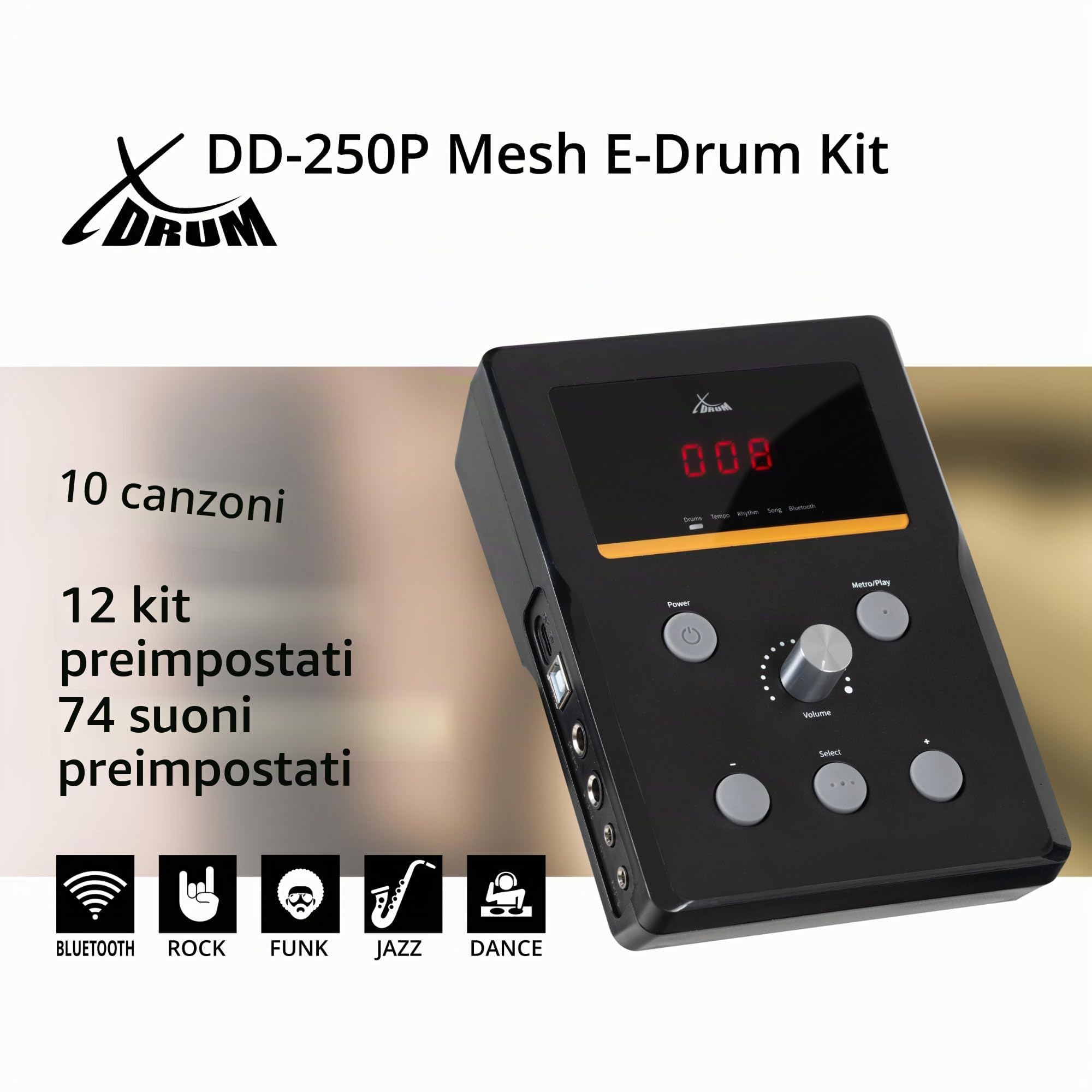XDrum DD-250P E-Drum Kit, Batteria elettronica con mesh heads, Incluso rack | Modulo sonoro con 74 suoni e 12 drumkit, Ricevitore Bluetooth per streaming audio wireless, 3x pad piatti da 8" zone, 3 mm)