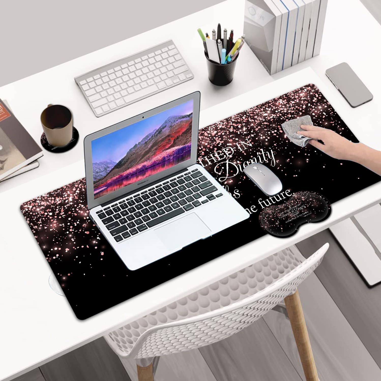 Desk Pad, Extended Large Mouse Pad with Stitched Edges (31.5X11.8In), Ergonomic Mouse Wrist Rest, Waterproof Computer Keyboard Mouse Mat, Proverbs 31:25 Bible Rose Gold XXL Black Gaming Mouse Pad