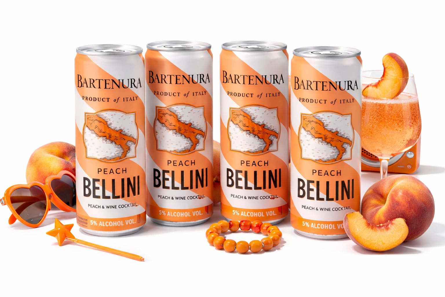 Bartenura Peach Bellini Wine Cocktail Cans – 5% Low Alcohol Vol, Ready-to-Drink Sparkling Peach Wine, Product of Italy, Party Drinks