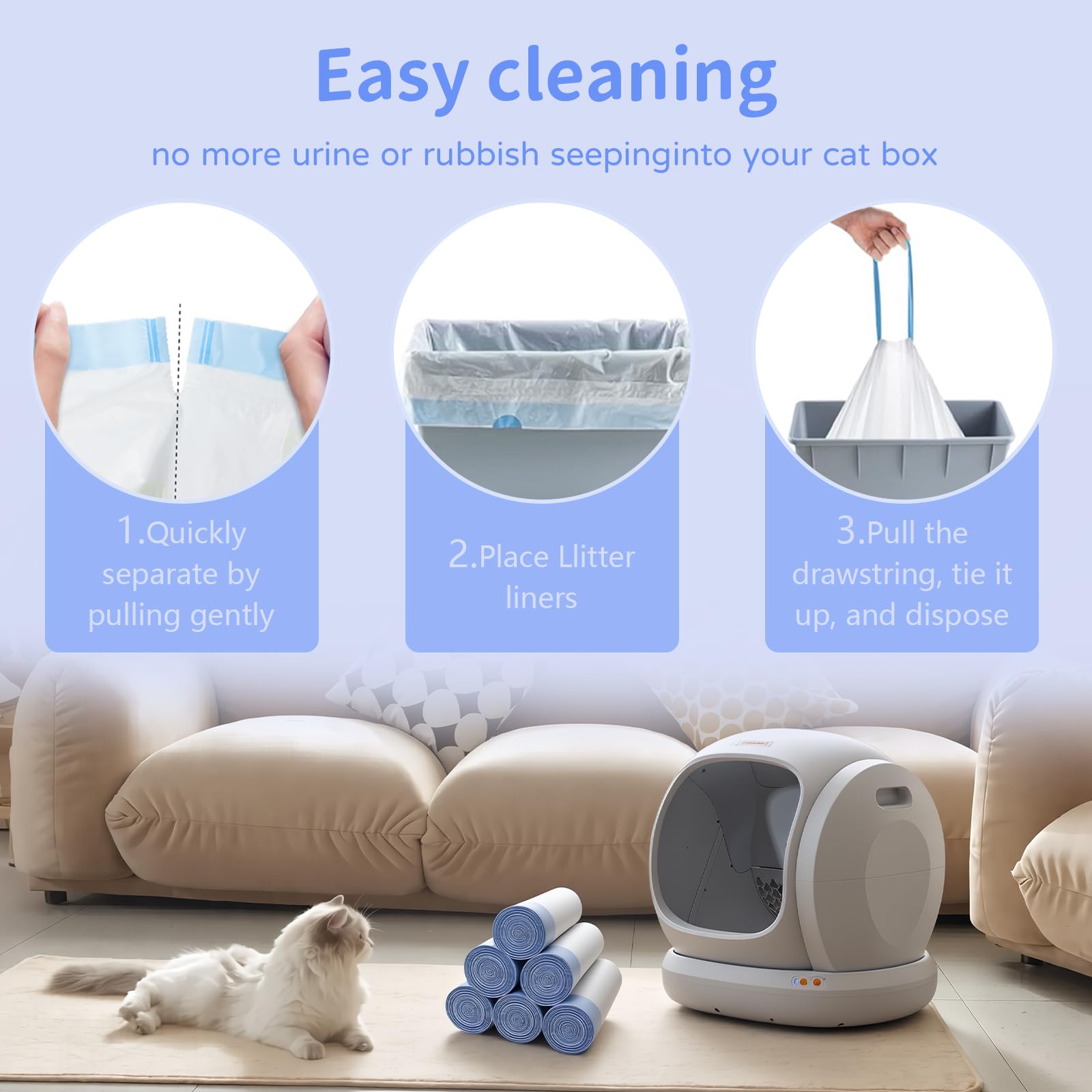 120 bolsas de arena para gatos autolimpiables, compatibles con MeoWant-SCO1 y MeoWant-SCO2, forro grueso y resistente con cordón de repuesto para caja de arena para gatos, 18 x 12.6 pulgadas