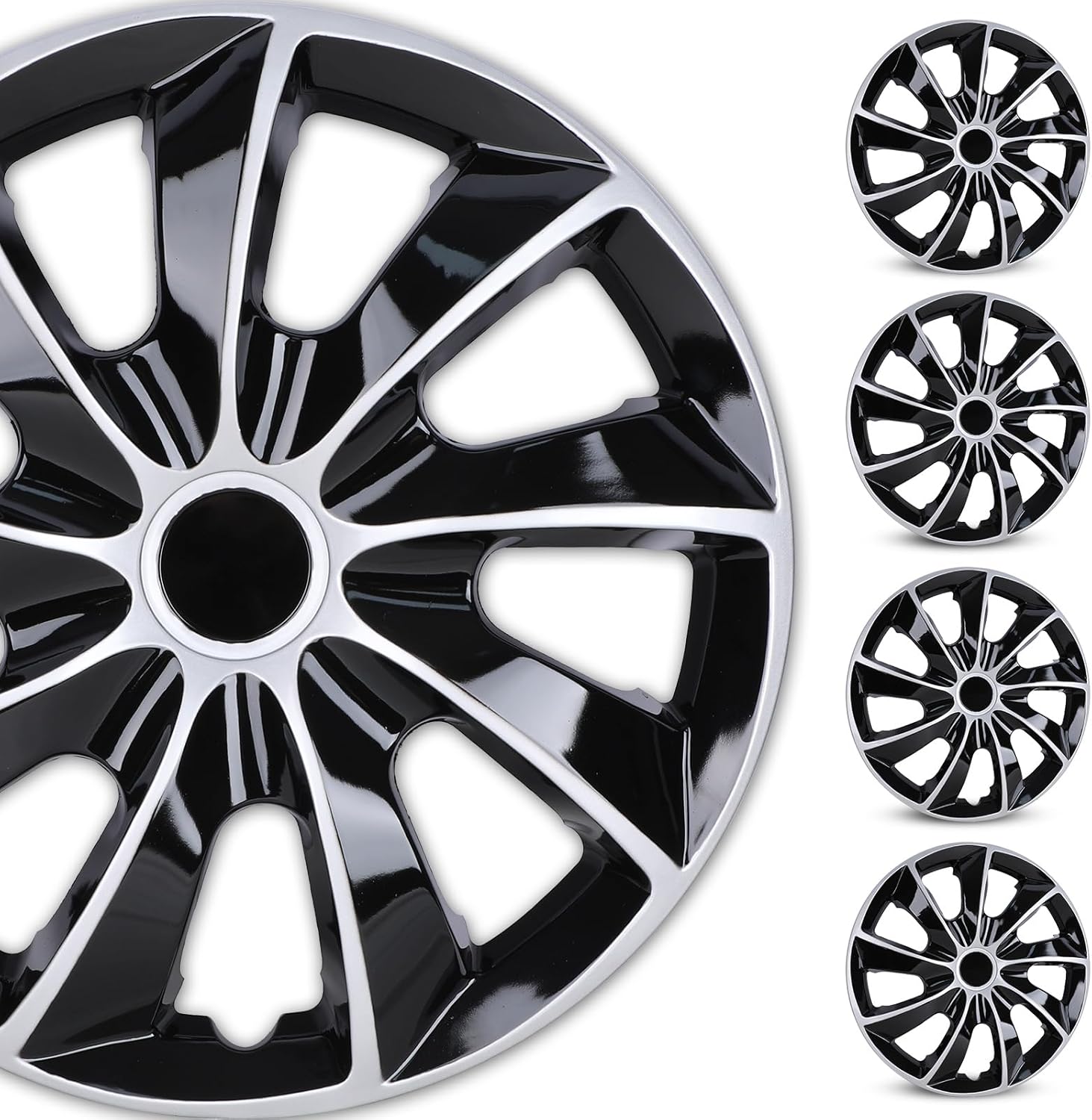WOLFSTORM 4-Pack 16 Inch Hubcaps,Special Design Fashion Shape Replacement Rim Cover Hubcaps,Car Truck SUV Wheel Hub Accessories, Silver&Black