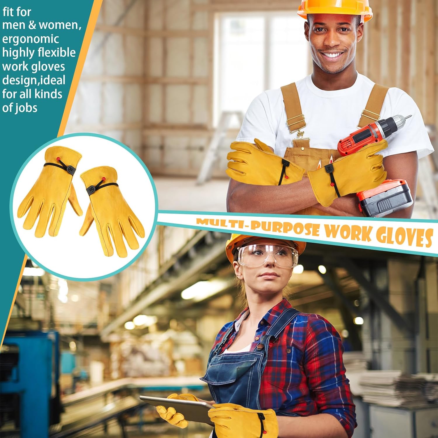 Tarpop Men's Large Cowhide Leather Work Gloves, Reinforced Palm for Wood Cutting, Construction, Gardening, Driving - Image 6