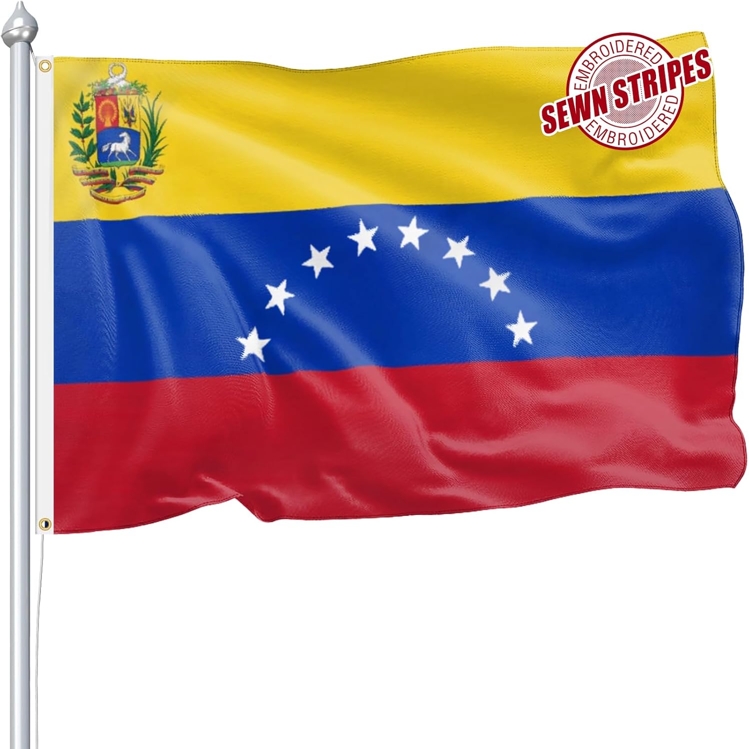 Venezuela Venezuelan Flag 3x5 FT for Outside, Heavy Duty 210D Nylon Bolivarian Republic 8 Star Flags Outdoor, Embroidered Star Sewn Stripes Long Lasting Venezuela Flag Brass Grommets