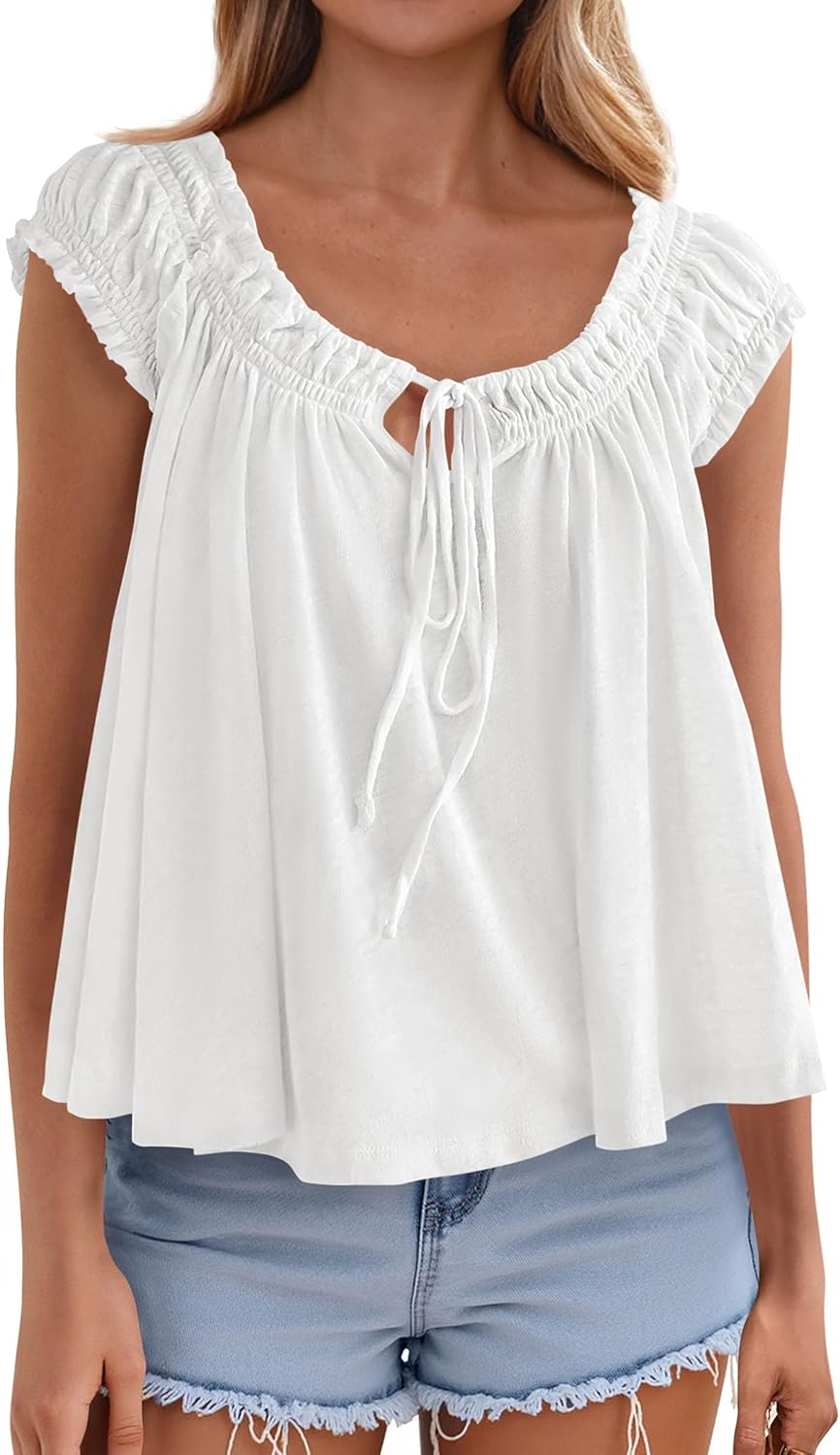 PRETTYGARDEN Women Babydoll Tops 2026 Summer Clothes Cap Sleeve Tie Front Flowy Tank Top Peplum Blouses Cute Going Out Shirts