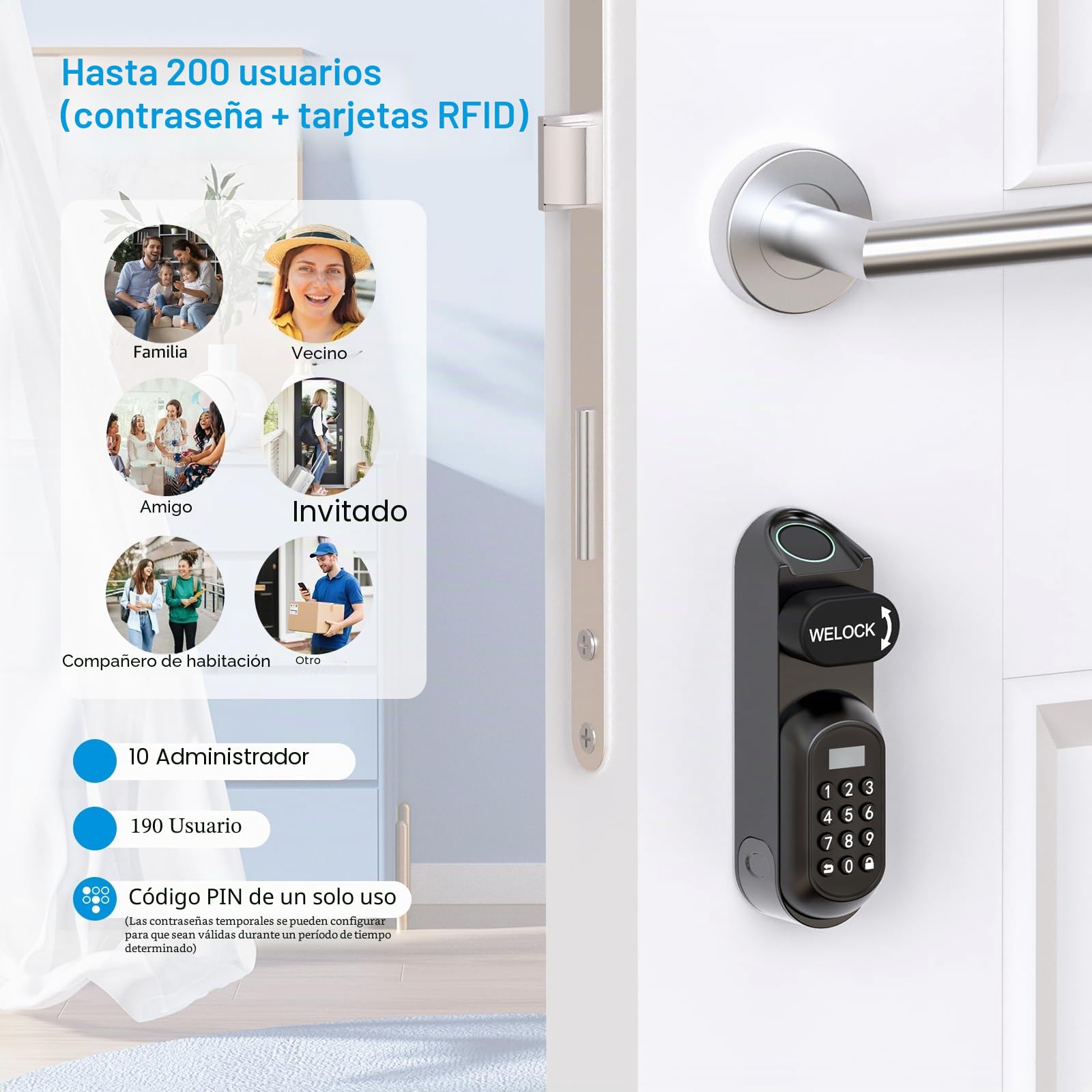WELOCK Smart Lock U81 Cerradura Inteligente Biométrica con Huella Digital – Acceso sin Llave con Touch, Contraseña, Tarjeta RFID y Smartphone – para Puertas de 50-95mm