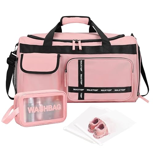MAXTOP Gym Bag for Women Men Travel Duffle Bag Large Capacity Carry On Weekender Overnight Bag With Shoe Compartment Gym Tote Dry Wet Separation Duffel Bag for Travel - Pink Set - Gym Bag&toiletry Bag