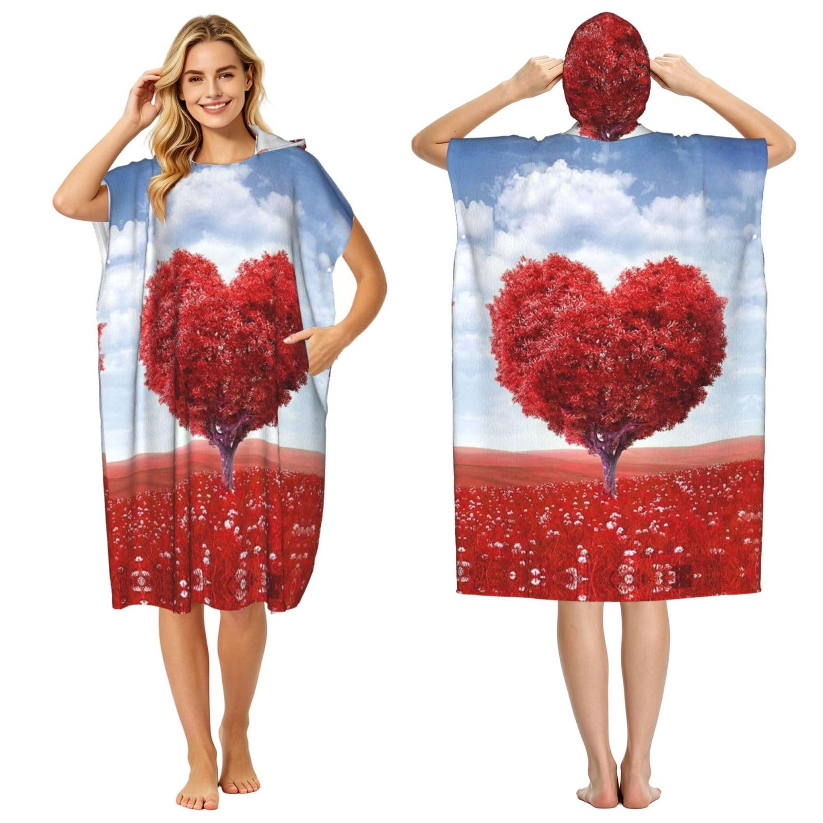 Poncho à capuches microfibre surf et plage pour adultes avec motif arbre rouge