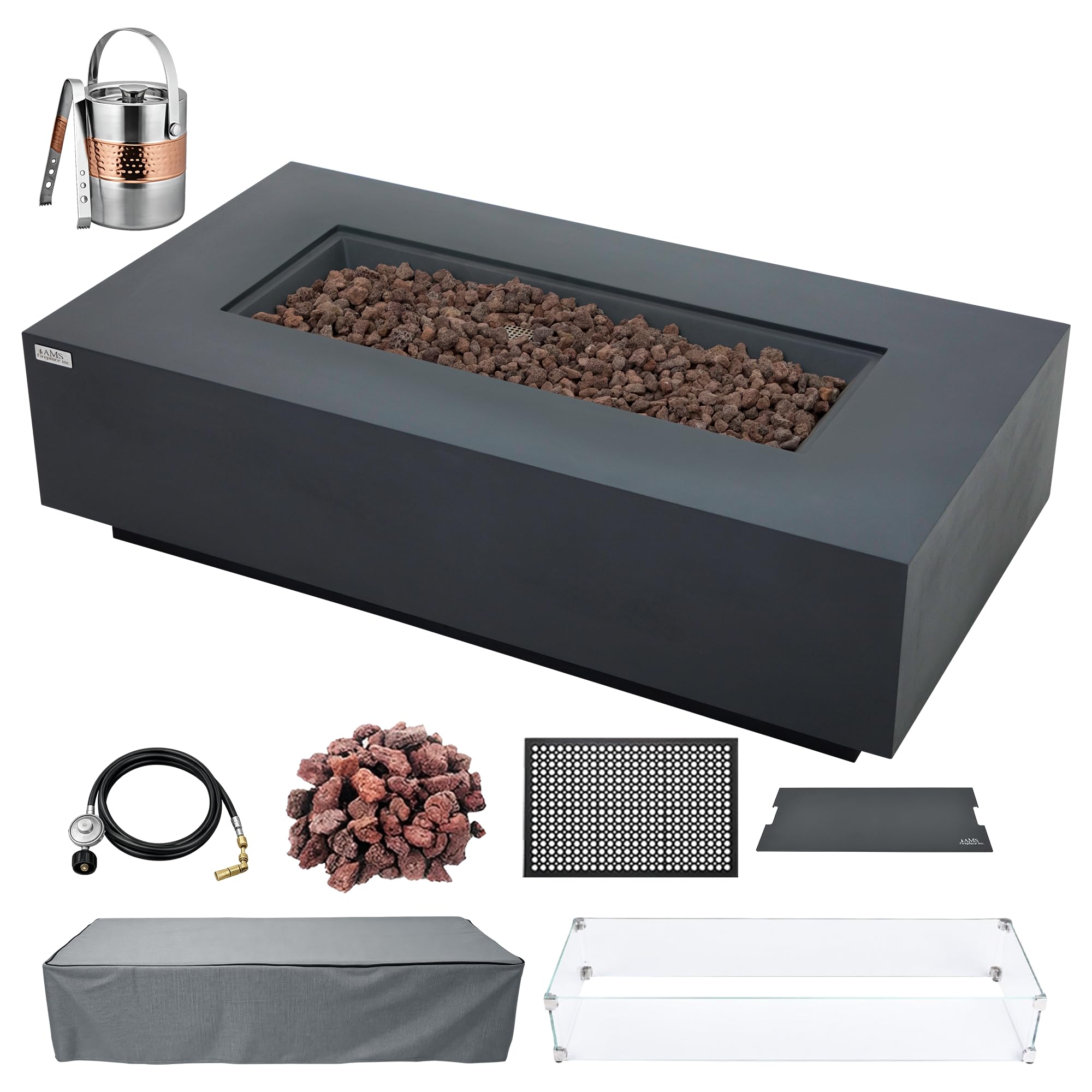 AMS 60" Rectangular Concrete Natural Gas Fire Pit Table Bundle (Dark Gray)