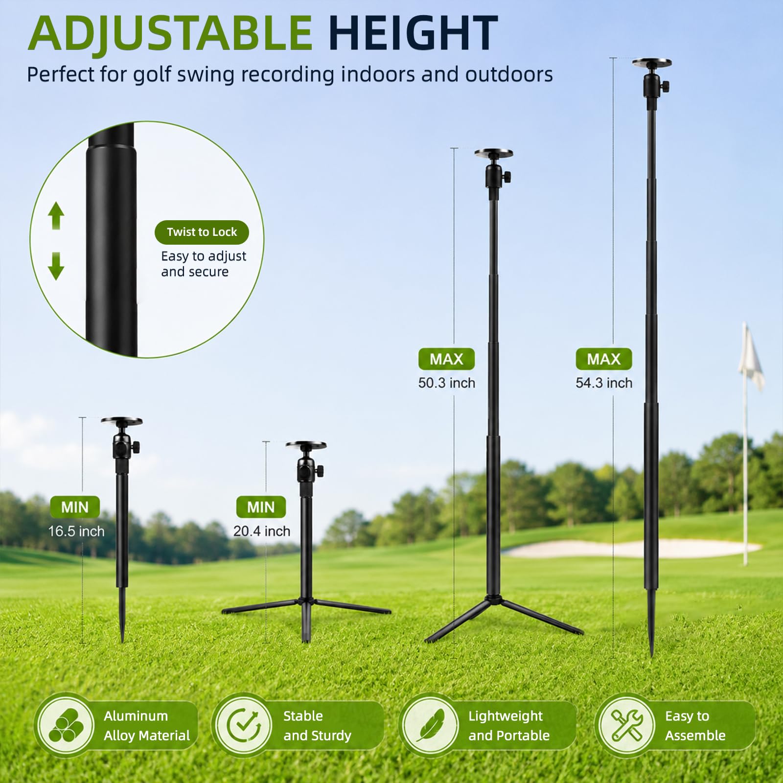 Trípode para teléfono de golf, palo magnético para selfie de 18-54 pulgadas con pincho | Soporte para teléfono móvil de golf, monopié de golf con pincho, soporte ajustable para teléfono de golf