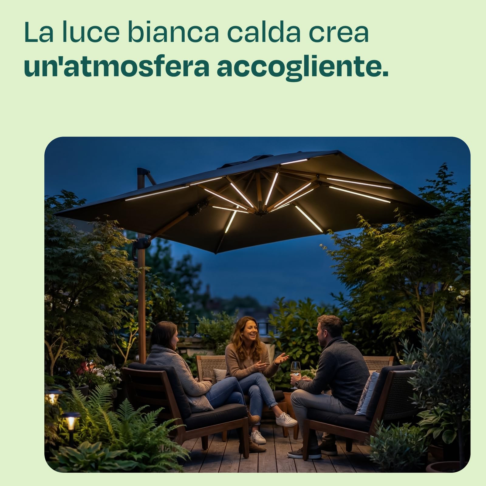 VONROC Illuminazione LED per Ombrellone con 15 Strisce Luminose | Batteria Ricaricabile 2600mAh | Installazione Facile | Compatibile con Power Bank | Per Stecche da 69 cm | Ideale per Giardino e Campe