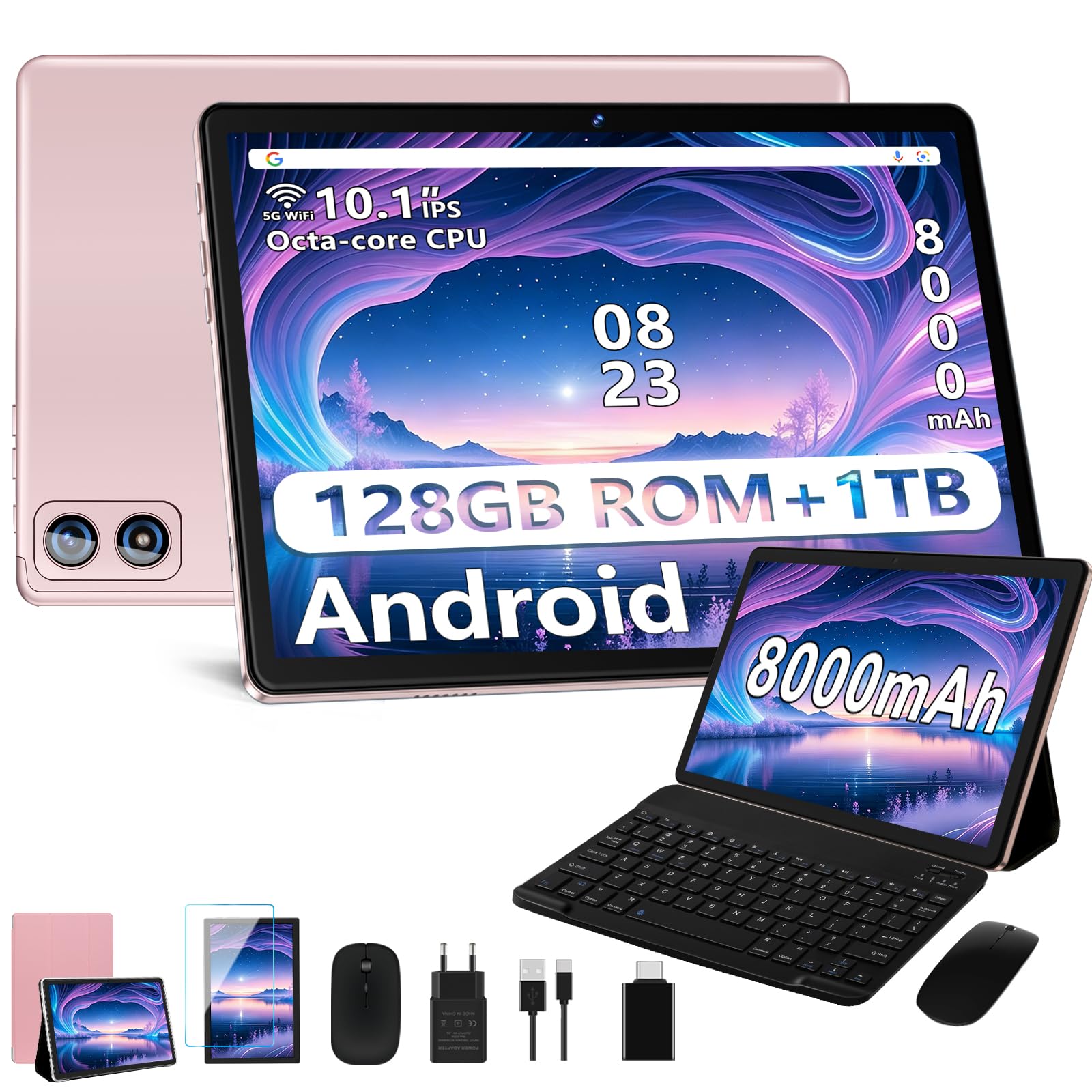 Dghrti Tablet Android, 22GB RAM+ 128GB ROM (Expandable 1TB TF), 8000mAh, Widevine L1, BT5.0, 8+5MP Tableta with Mouse - Gold