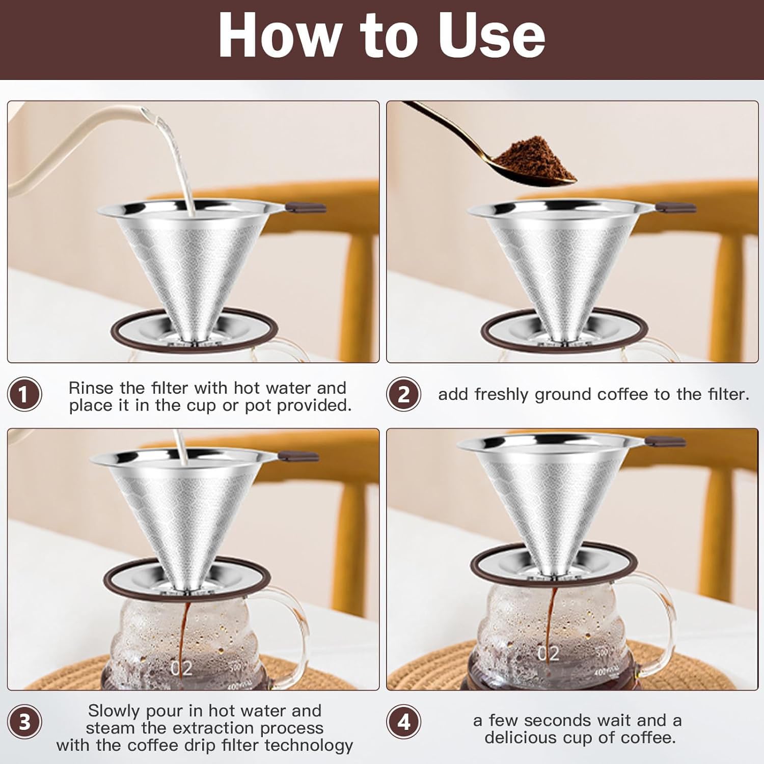 Filtro per Caffè Riutilizzabile, Filtro Permanente per Caffè, Filtro per Caffè Senza Carta, Filtro Da Caffè Permanente in Acciaio Inox, Tazza Filtro Caffè Supporto Senza Carta per 1 a 4 Tazze