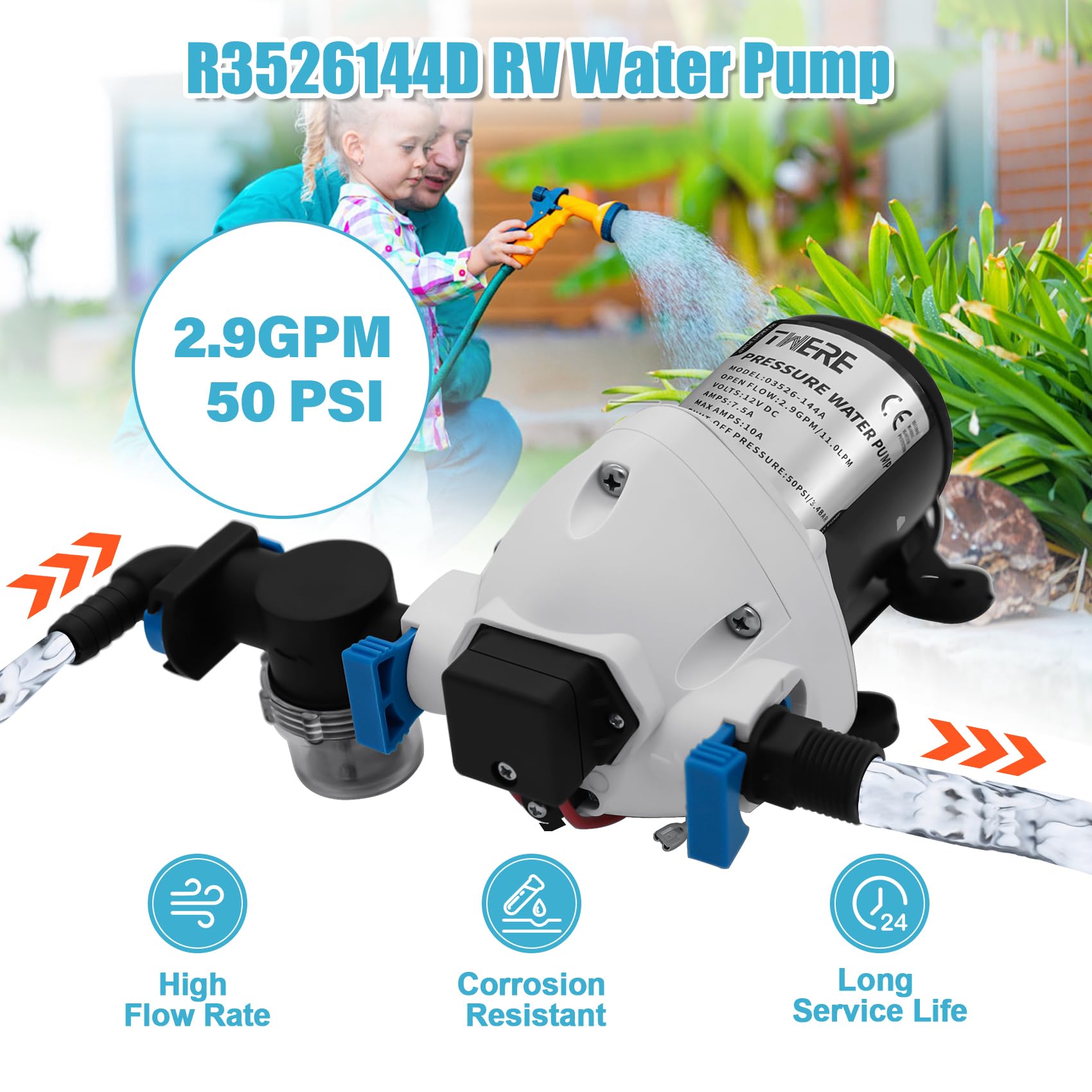 [Versión mejorada] R3526144D - Bomba de agua para caravana, 3 GPM 12 V CC 50 PSI, bomba de agua de diafragma autocebante triplex de repuesto R3526144D/03526-144A, silenciosa y apagado automático, para