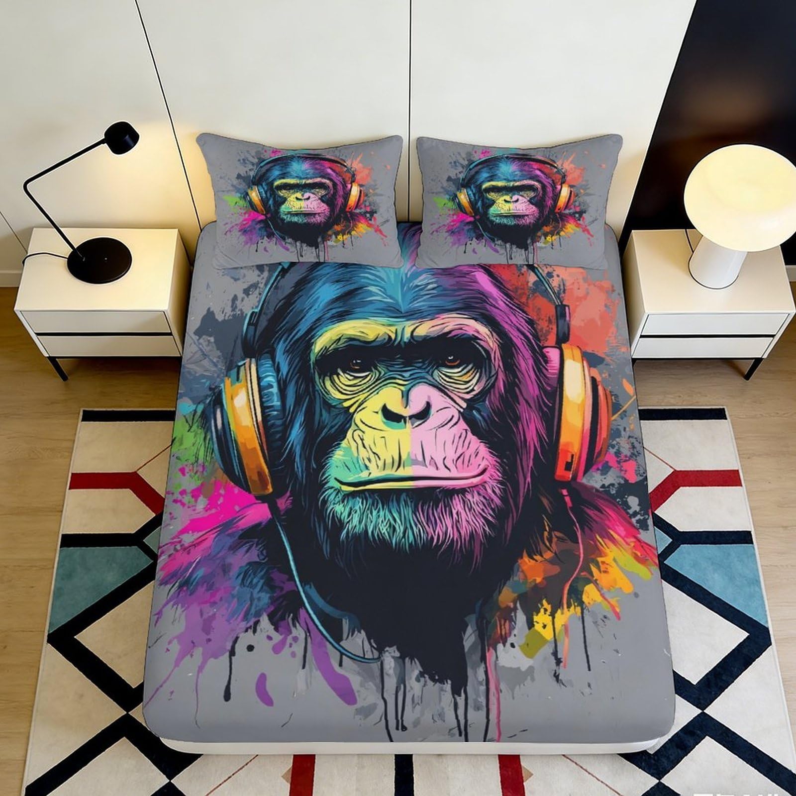 3D Printed Graffiti Headphone Monkey Fitted Sheet Microfiber Colourful Mattress Cover for Bedroom Guest Room Dorm Decor 90x200x25cm