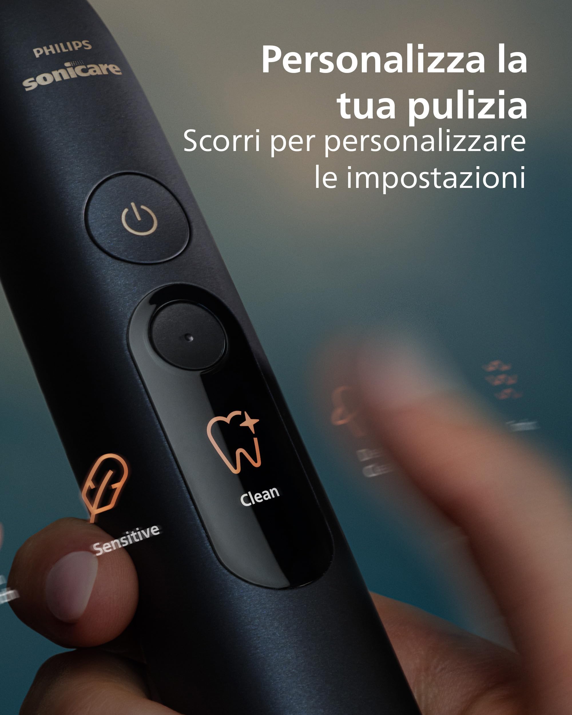 Philips Sonicare Next-Generation DiamondClean 9900 Prestige Spazzolino elettrico - con SenseIQ, Feedback di copertura totale, Feedback di pressione, 24 impostazioni, nero quarzo, HX9813/92