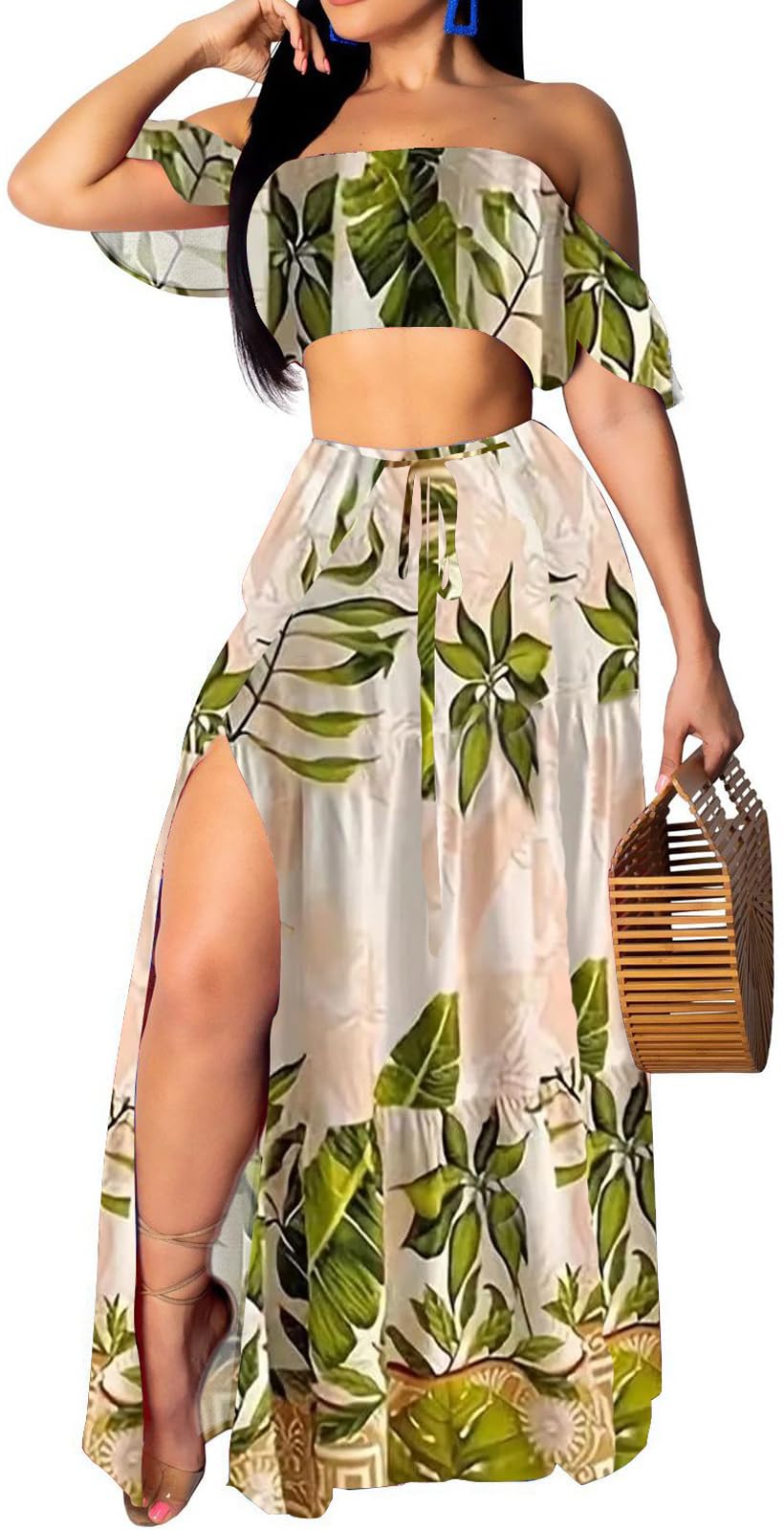 SxClub Women's Beach Dress 2 Piece Off Shoulder Top Long Maxi Skirt Sets