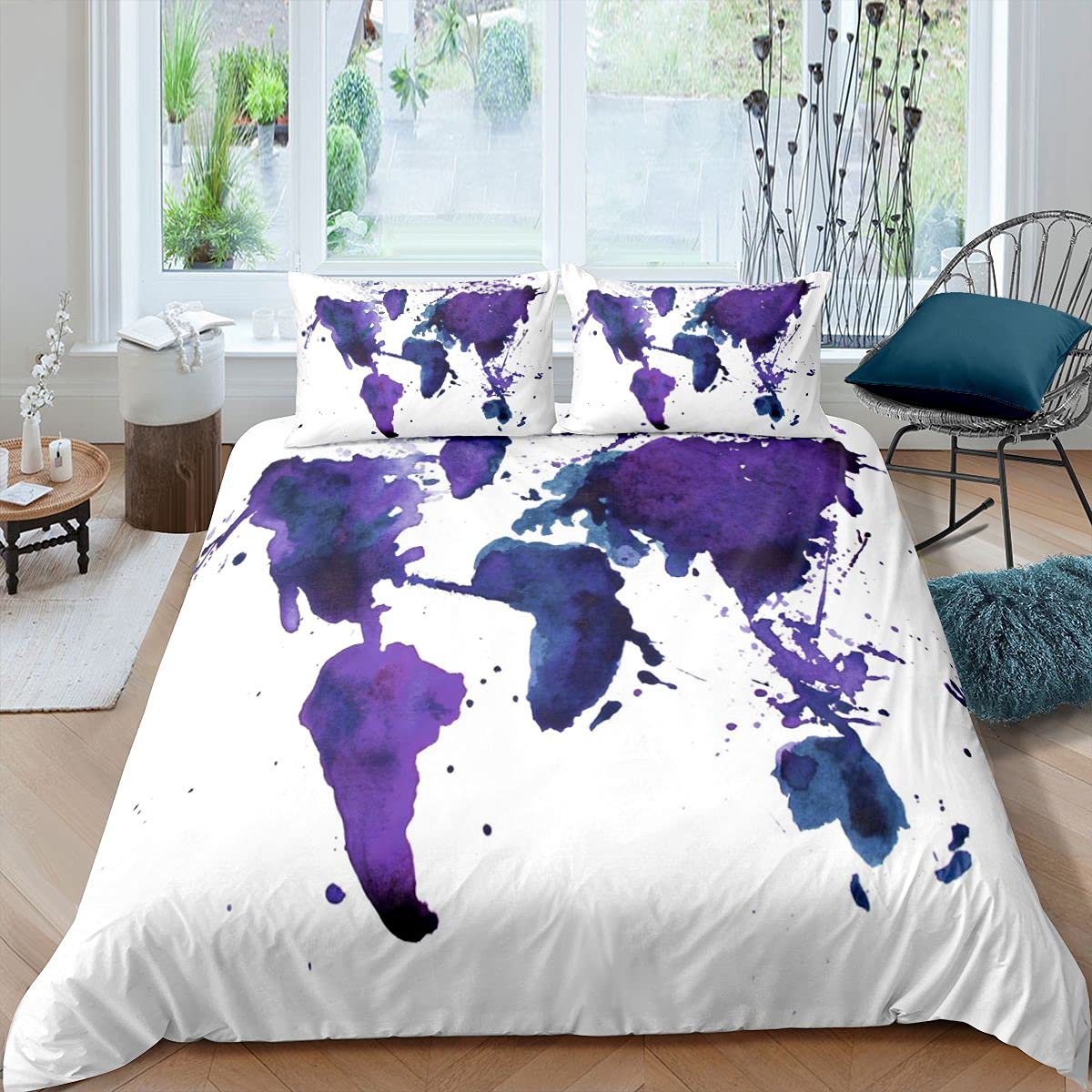Loussiesd Purple Ink World Map Duver Cover Set Ocean Nautical Geography Bedding Set Geography Educational Quilt Cover 3Pcs Super King — image 1