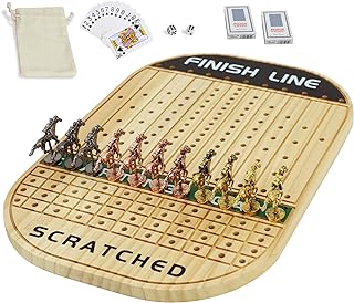 Horse Race Board Game Racing Game Thickened Solid Wood with 11 Luxurious Durable Classic Metal Horses with 4 Dice and 2 Boxes of Cards Horse Racing Game (Log Color, Oval)…