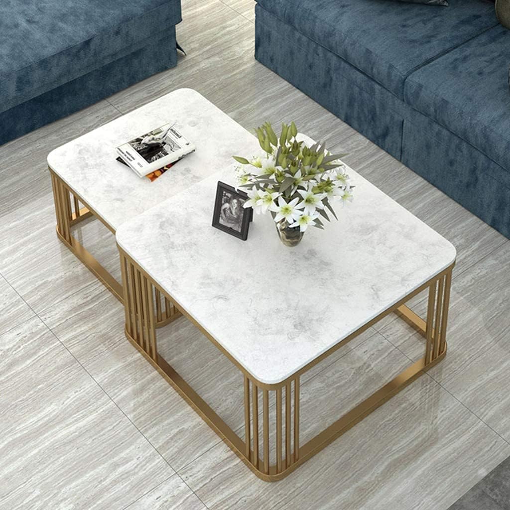 RIBAVARY® Marble Laminated Look Square Coffee Tables Set, 2 Piece Stackable Center Table with Storage Drawer and Metal Frame for Living Room or Apartments (Without Storage Shelf, Golden & White)-image-26