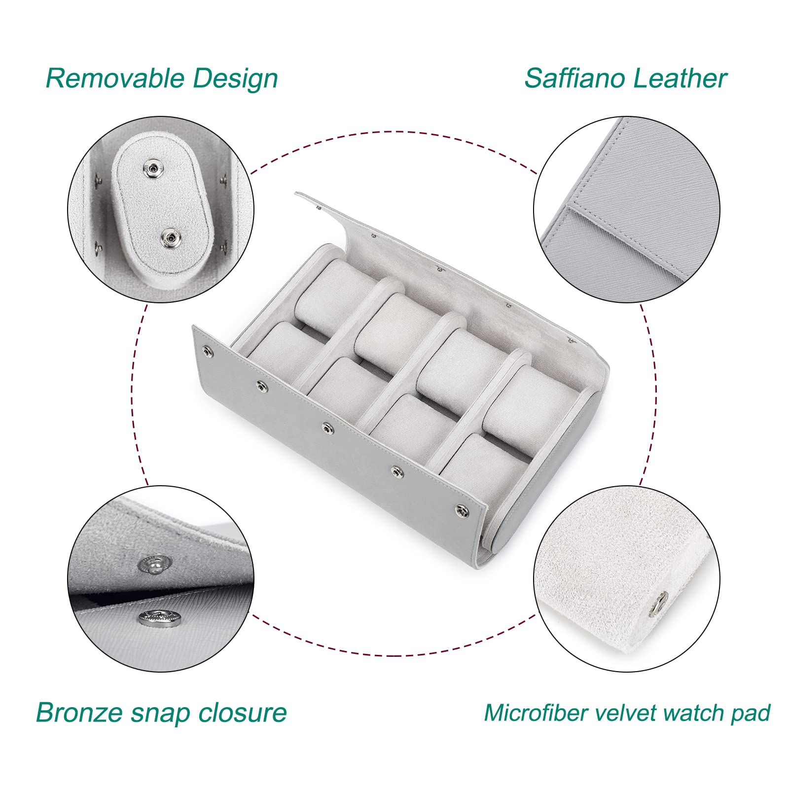 Estuche para Guardar Relojes Hiram, Estuche Enrollable de Viaje para 8 Relojes, de Cuero Saffiano auténtico, Organizador de Relojes de Viaje, Caja de Almacenamiento (Gris)