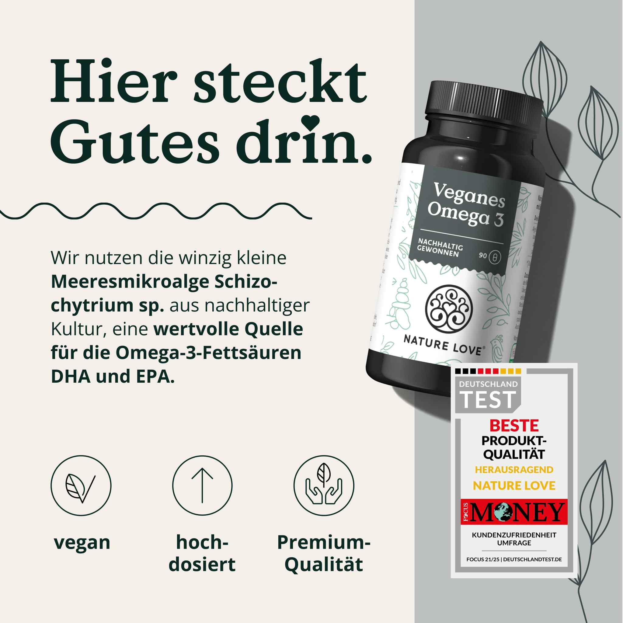 NATURE LOVE® Omega 3 vegan - hochdosiert mit 1.444 mg Algenöl pro Tagesdosis - 90 Kapseln - nachhaltig, laborgeprüft, produziert in Deutschland