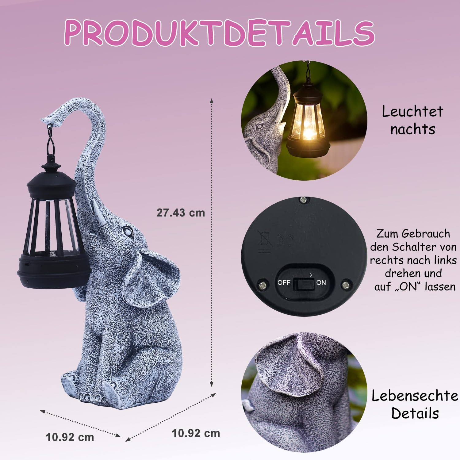 Yeomoo Elefanten Deko mit Solar Laterne Gartenfiguren - für Außen Gartendeko mit Wetterfest LED Solarlampe für Balkon Garten, Geschenke für Frauen Männer Mama Geburtstagsgeschenk Grau