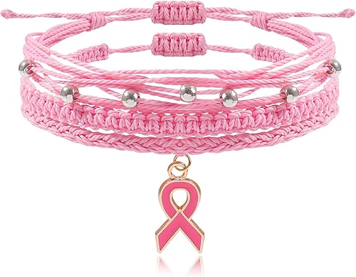 Long tiantian Breast Cancer Bracelets Gifts for Woman Breast Cancer Awareness Accessories Pink Braided Rope Bracelet Natural Stone Bead Ribbon Charm