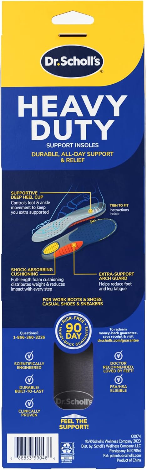 Dr. Scholl's Heavy Duty Support Insole Orthotics, Big & Tall, 200lbs+, Wide Feet, Shock Absorbing, Arch Support, Distributes Pressure, Trim to Fit Inserts, Work Boots & Shoes, Men Size 8-14, 2 Pairs - Image 9