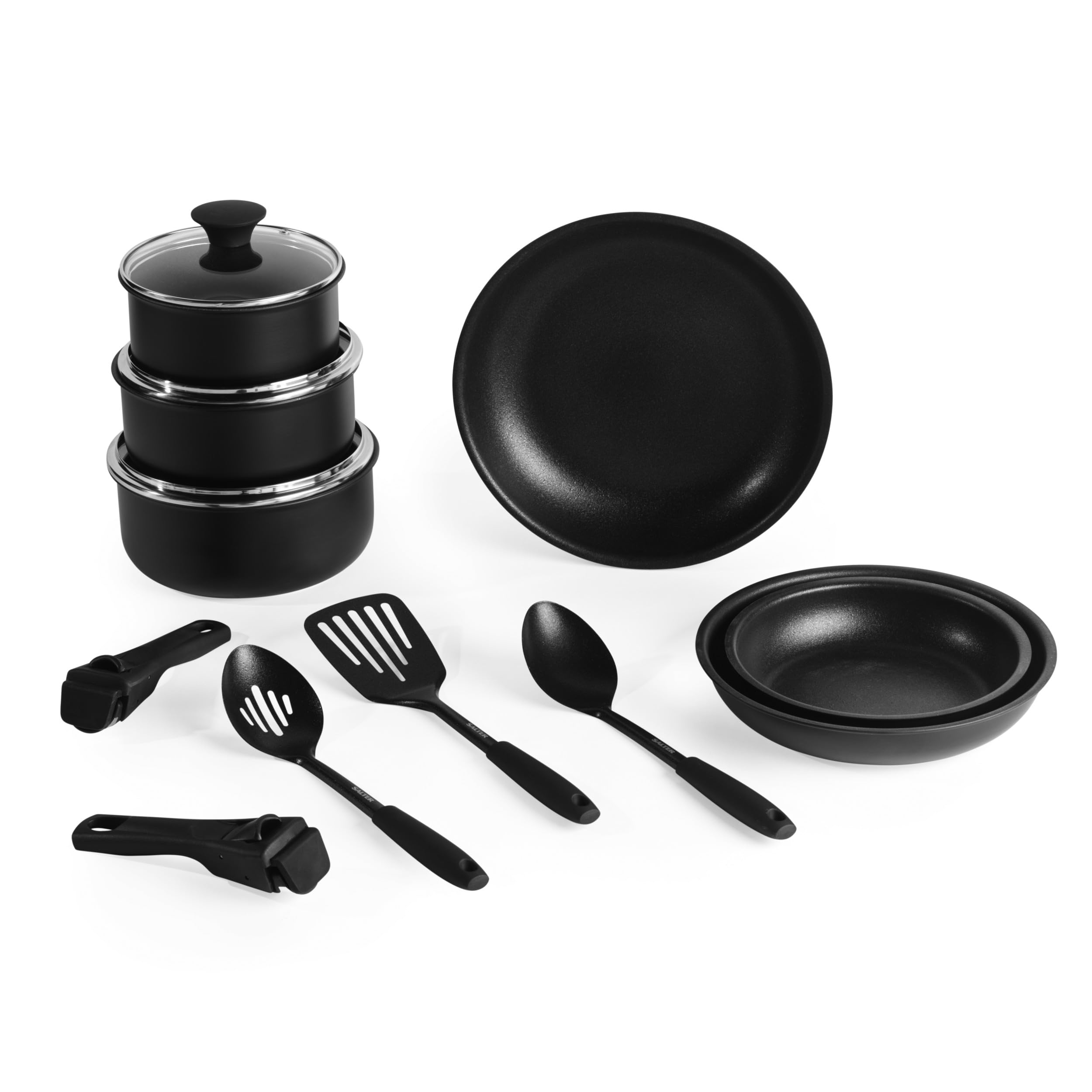Salter BW12055IS Clip & Cook Küchenpfannen-Set, ofenfest, Bratpfannen, Kochtöpfe, 2 abnehmbare Griffe, stapelbar für platzsparend, antihaftbeschichtet, induktionsgeeignet, Herd-zu-Ofen, 14-teilig