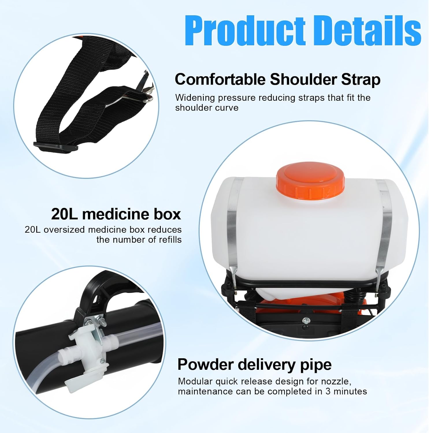 63CC 3HP Backpack Fogger Sprayer, Gas Powered Fogger Sprayer with 15.8 Gallon Tank, 2.13kW 7500rpm Engine Atomizer, Powder and Liquid Mister Duster System for Effective Gardening & Farming (Orange)